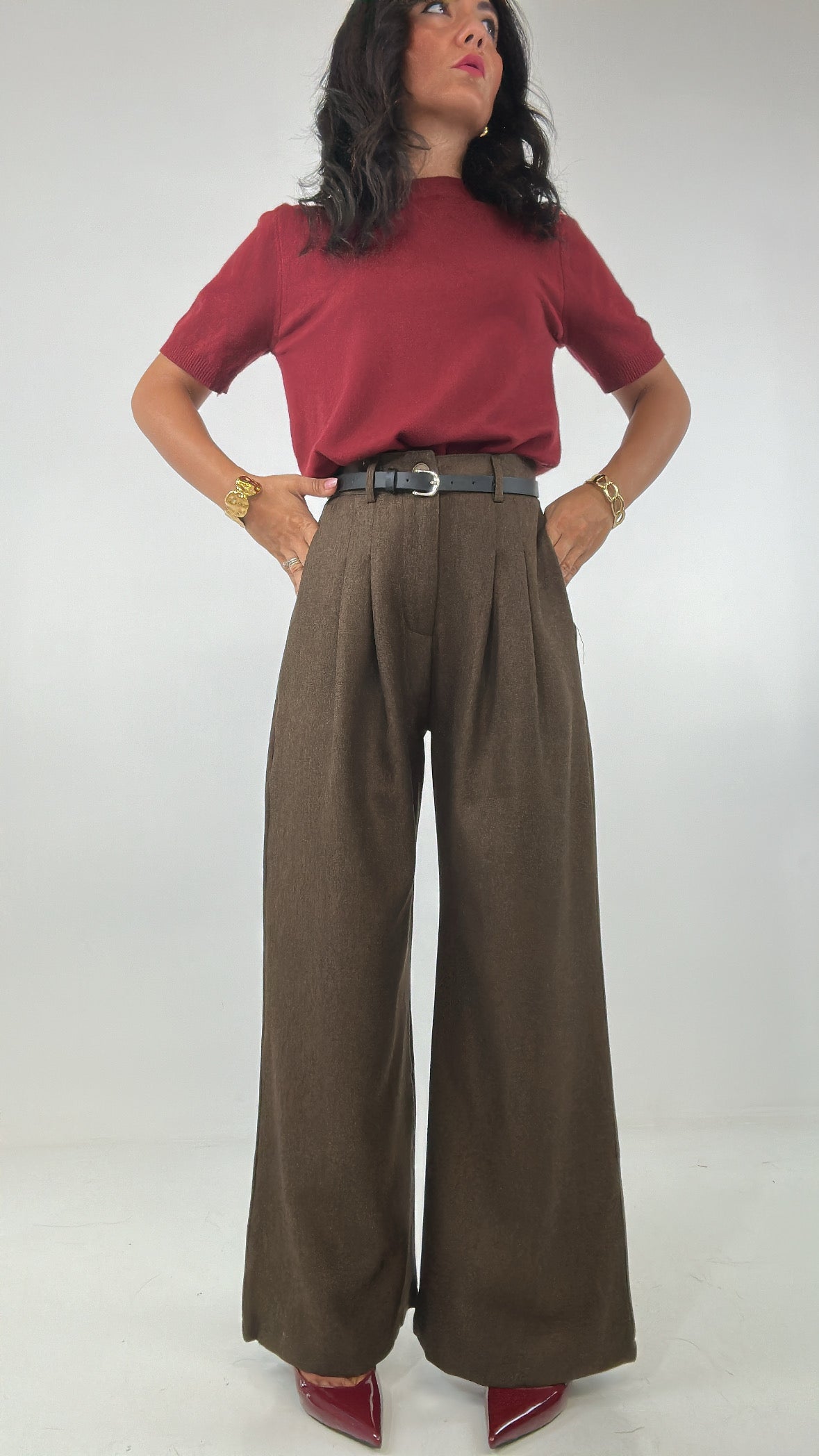 Pantalone PALAZZO PENCE E CINTURA - MARRONE