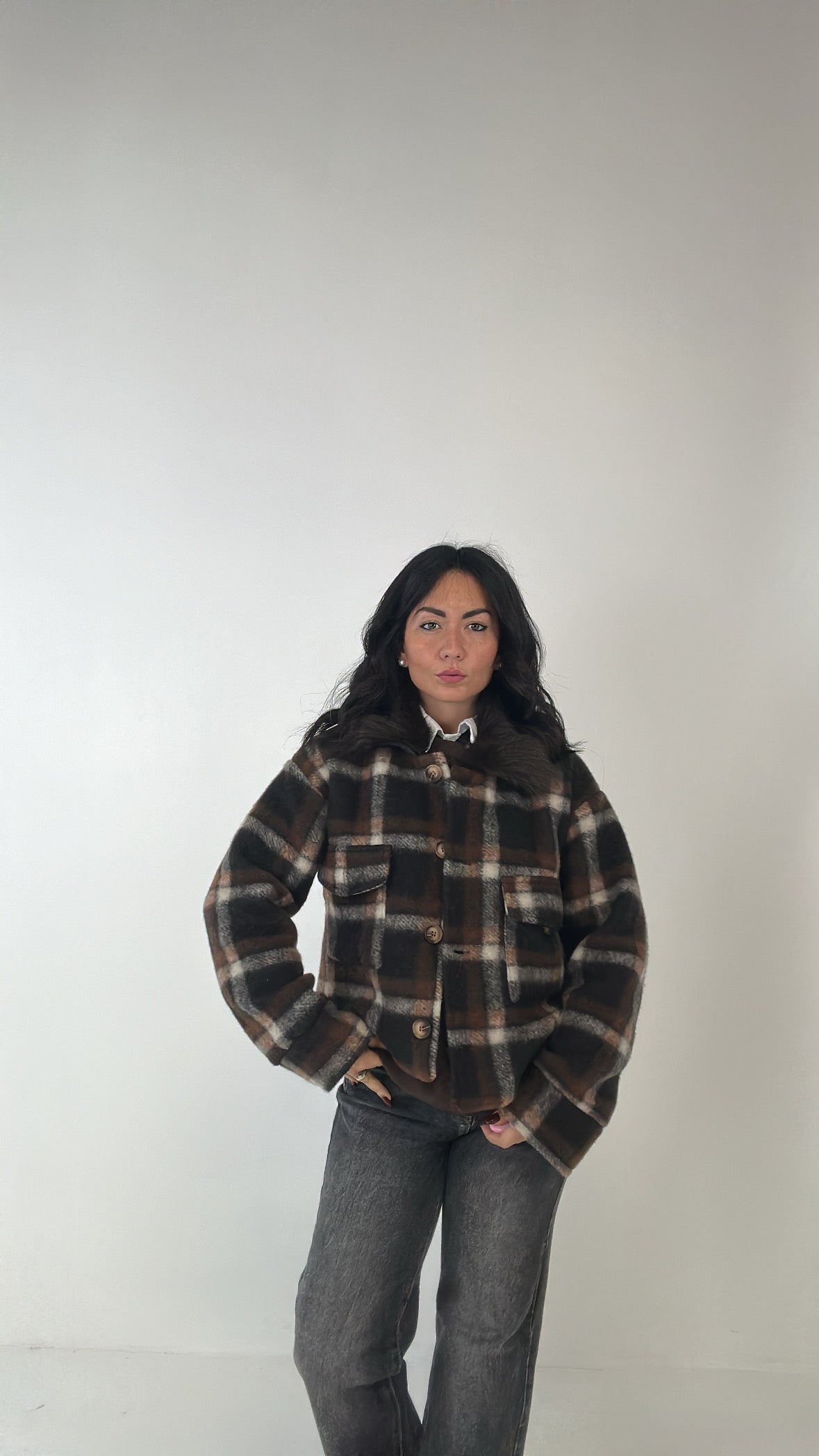 Cappotto CORTO A QUADRONI - MARRONE