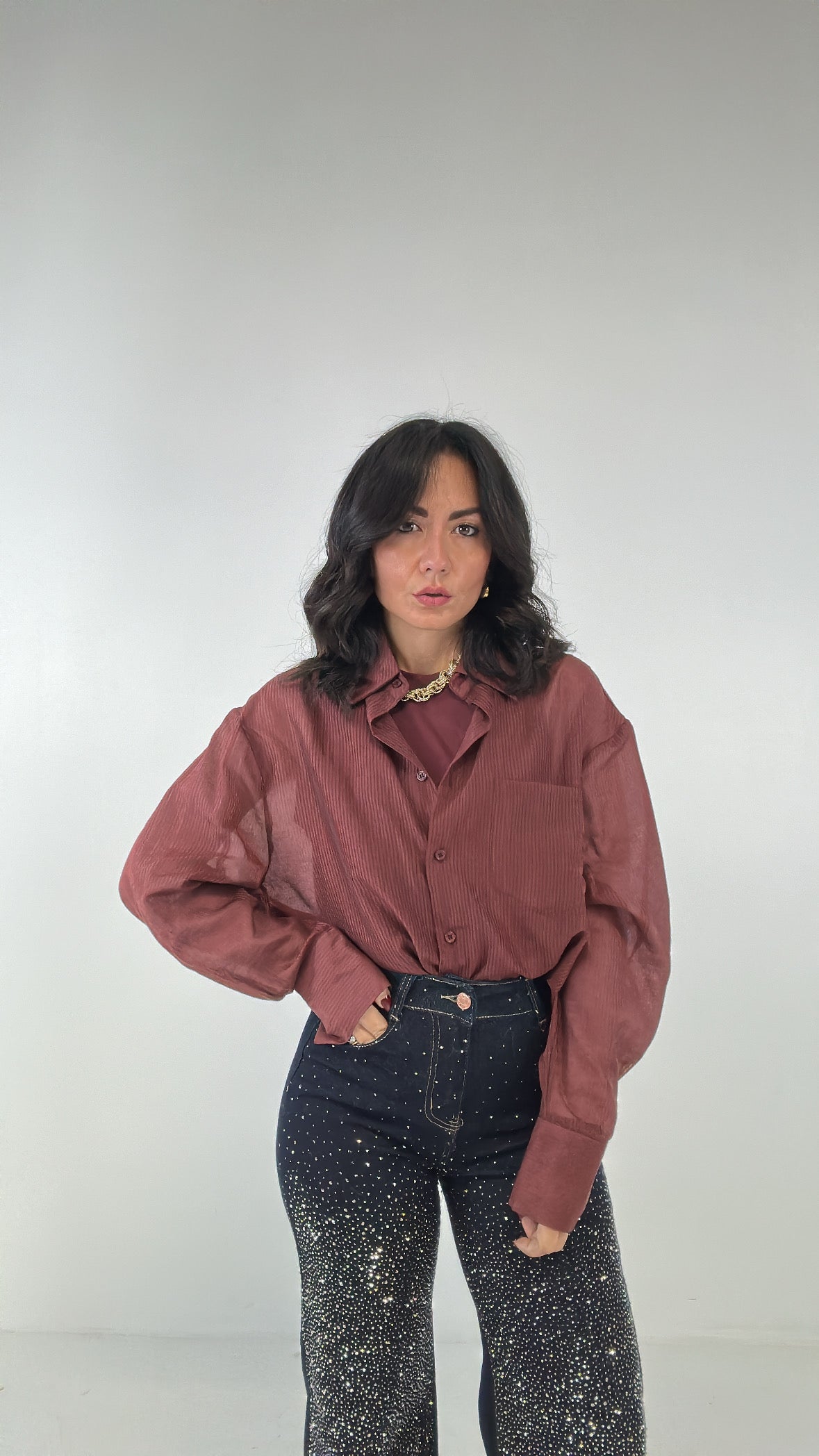 Camicia RIGATA CON CANOTTA CUCITA - BORDEAUX