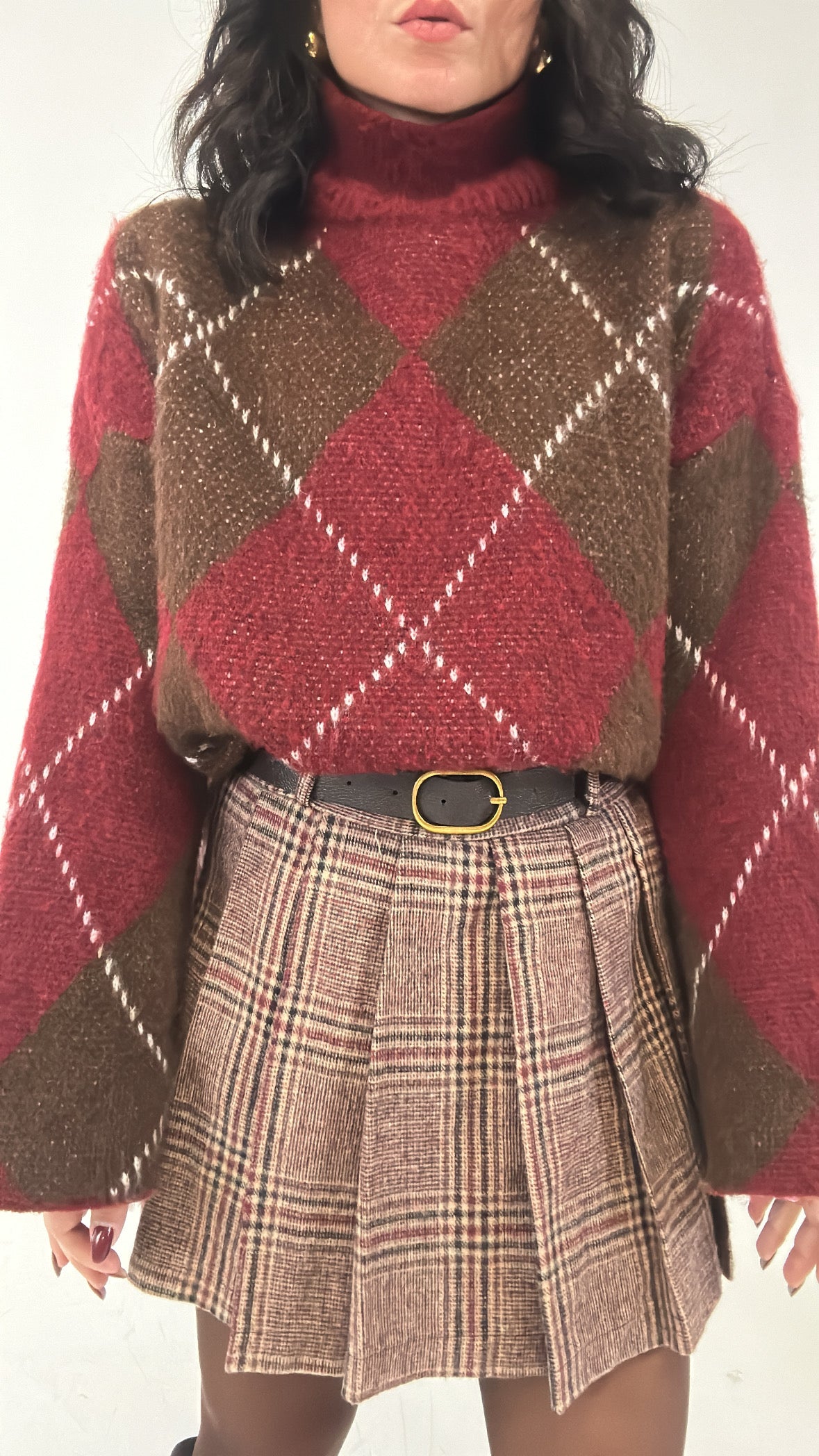 Pantagonna QUADRI IN PANNO CON CINTURA - BORDEAUX