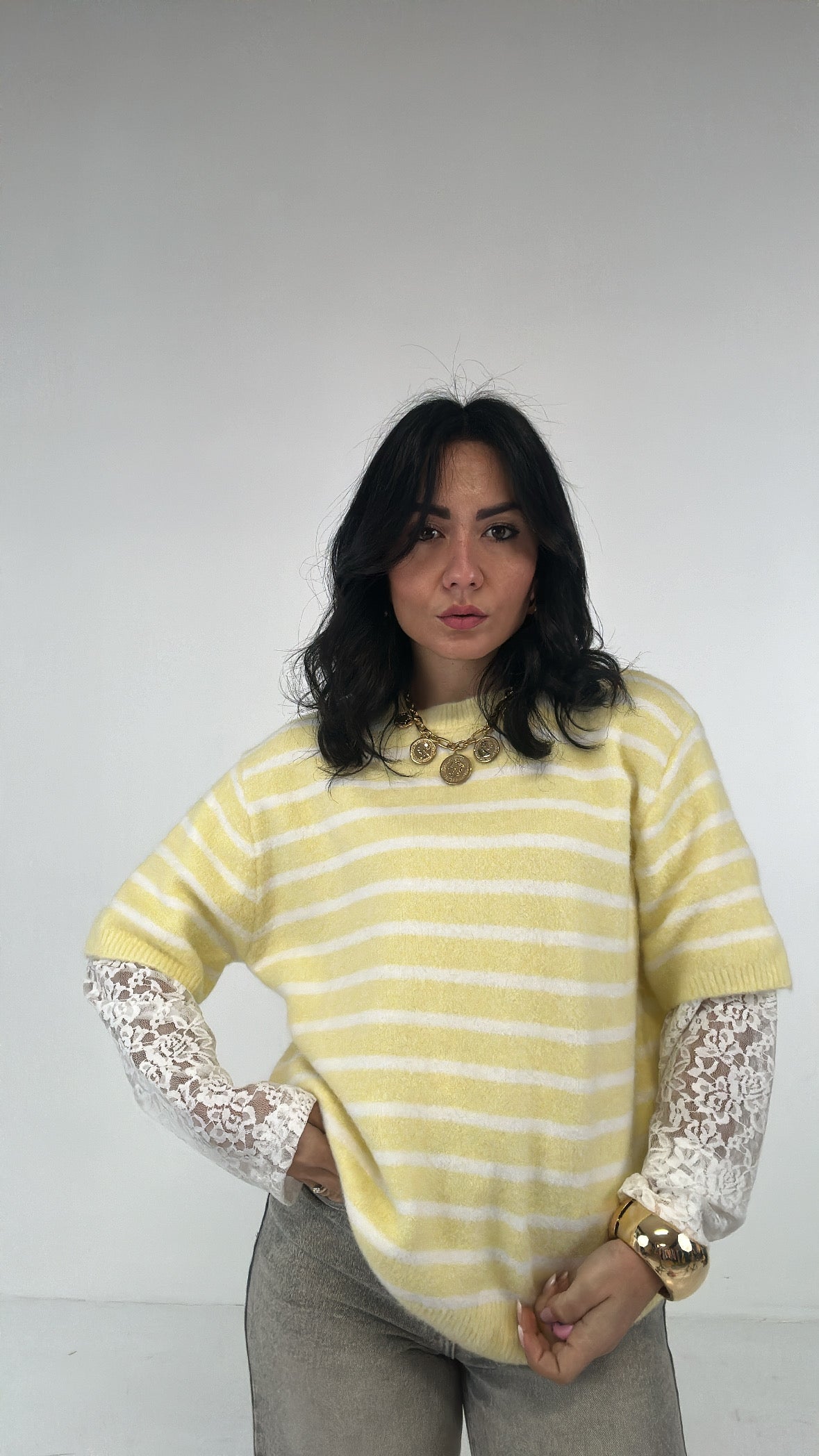 Pull RIGHE CON MANICA IN PIZZO - GIALLO