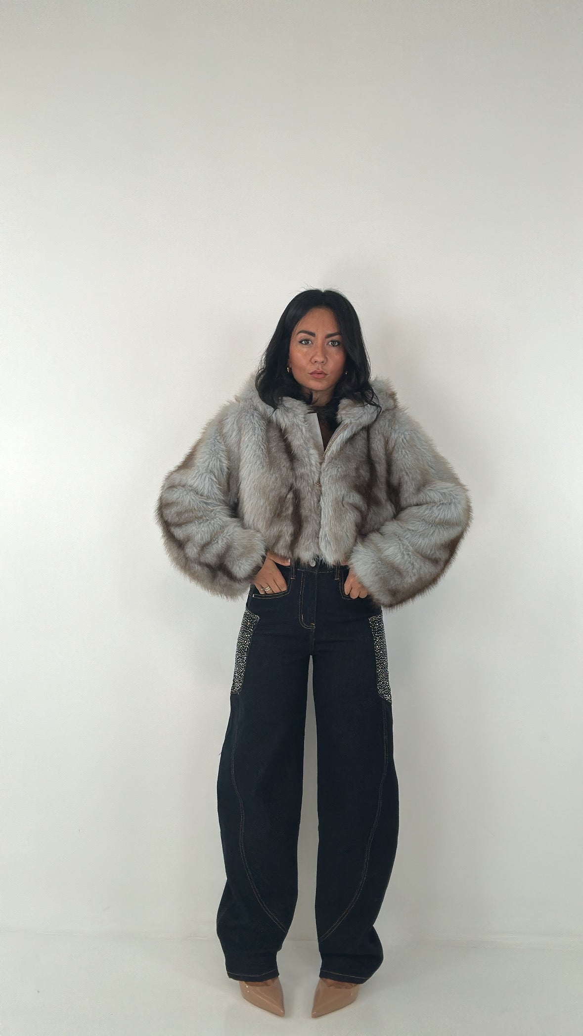 Ecopelliccia CROP CON CAPPUCCIO - MARRONE