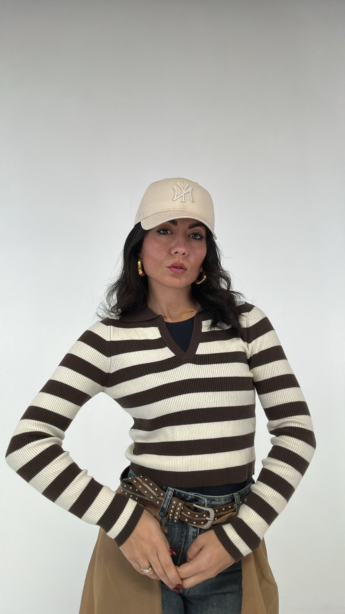 Polo CROP RIGATA - MARRONE