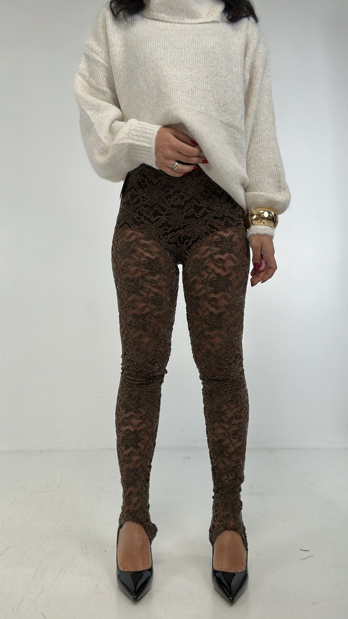 Leggins CON GHETTA IN PIZZO - MARRONE