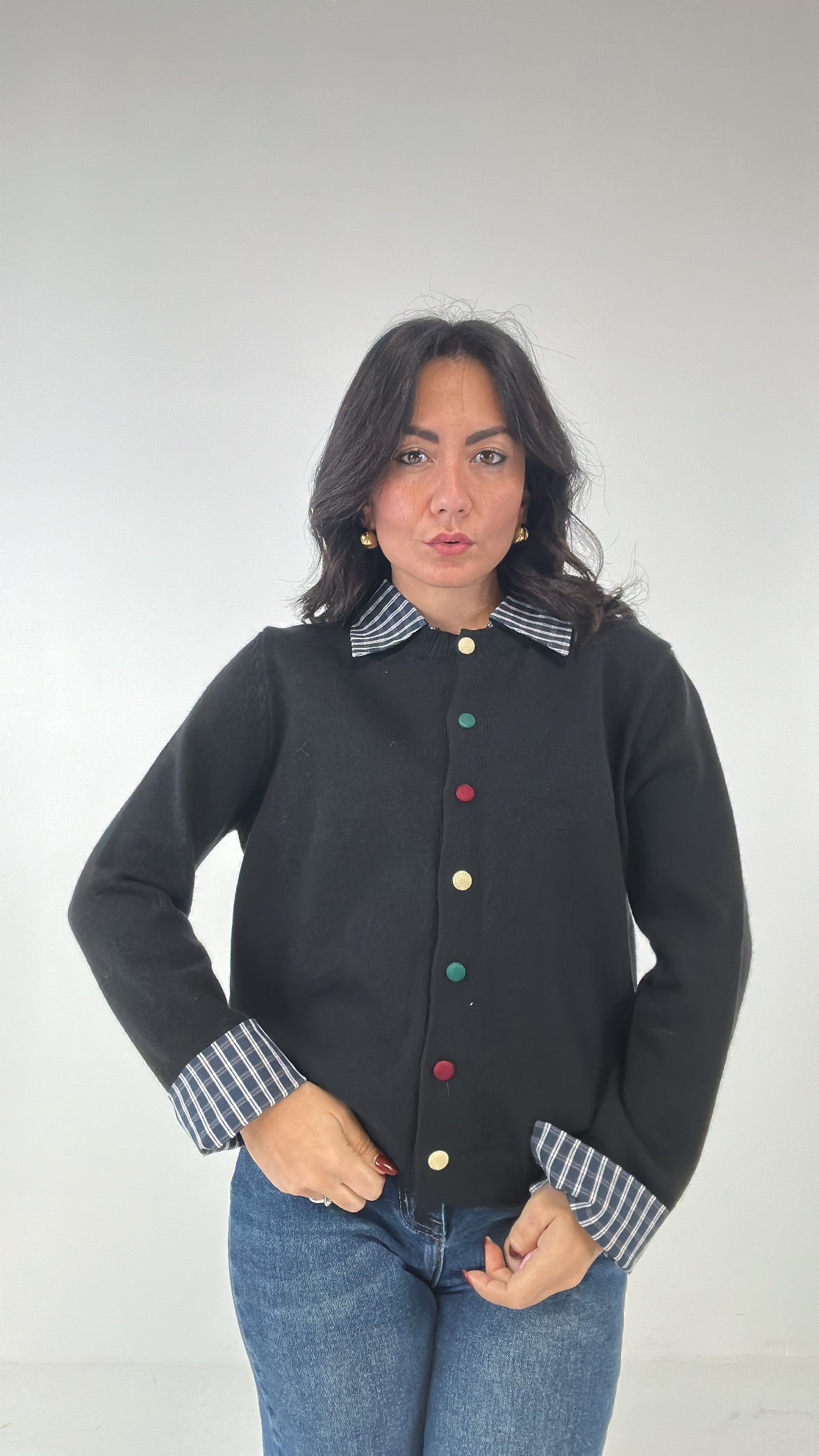 Cardigan COLLO QUADRETTI - NERO