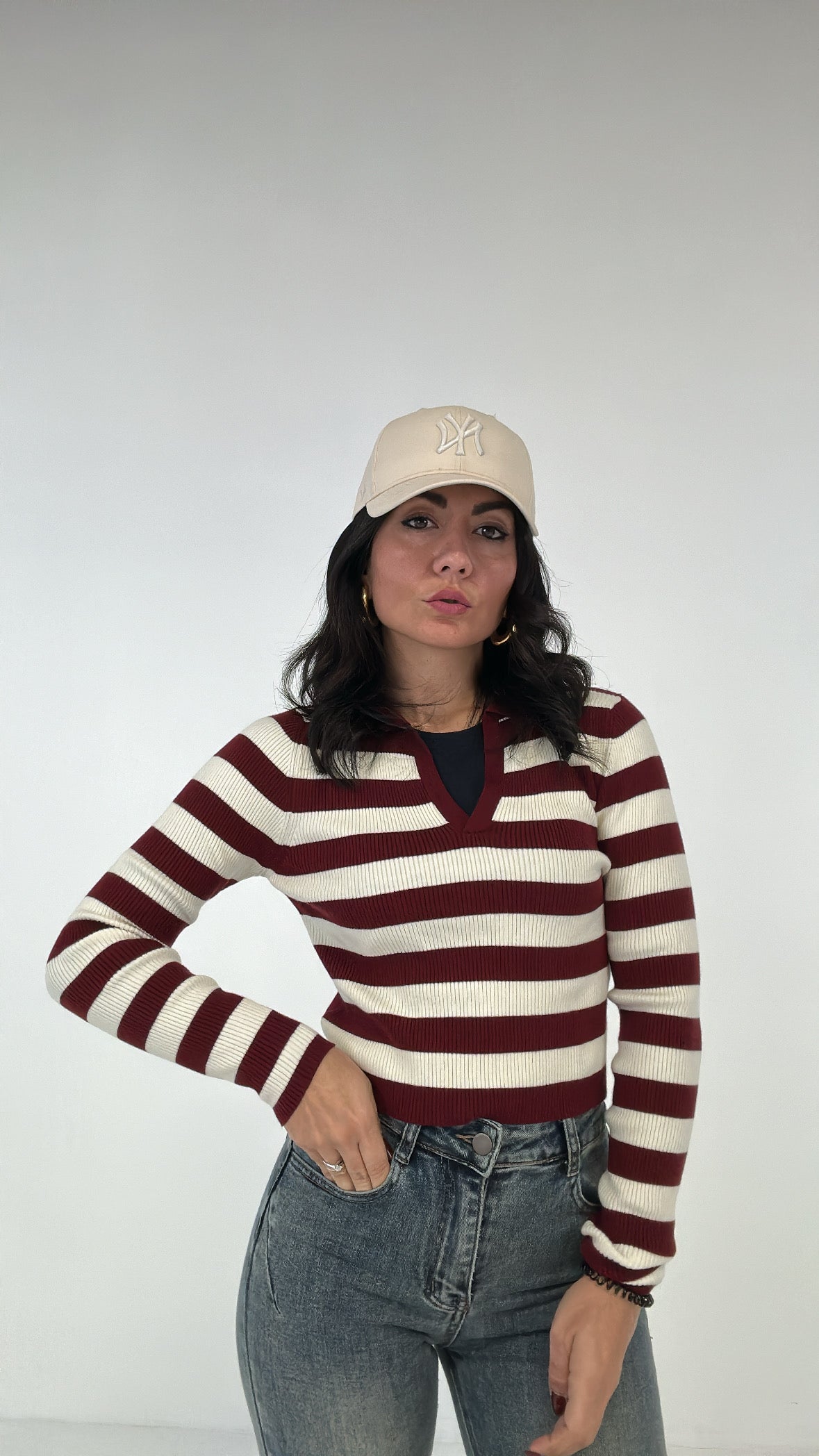 Polo CROP RIGATA - BORDEAUX