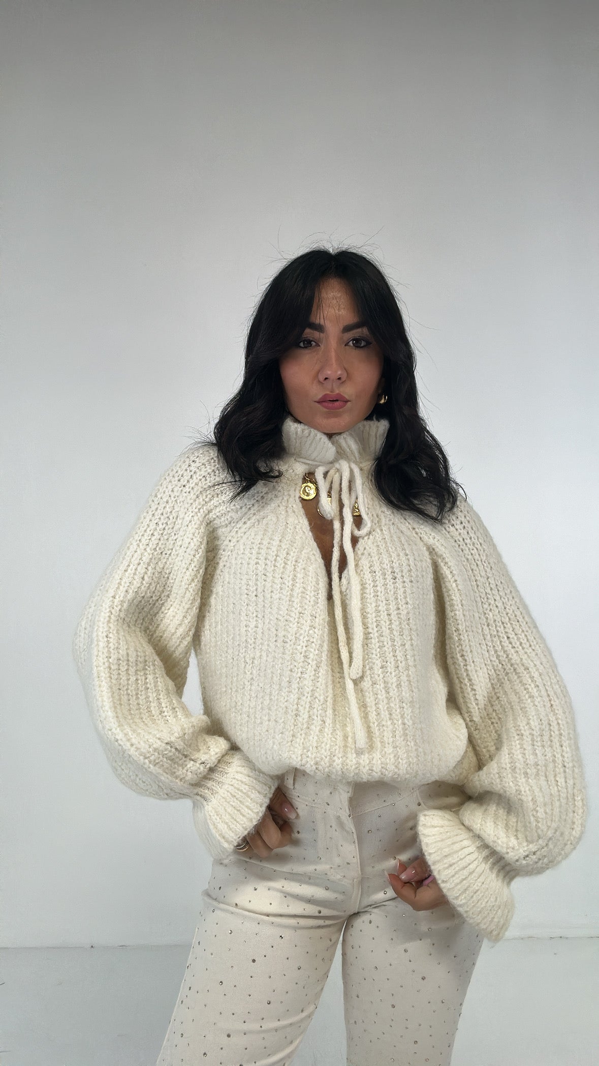 Pull COLLO VOLANT E LACCETTO - PANNA