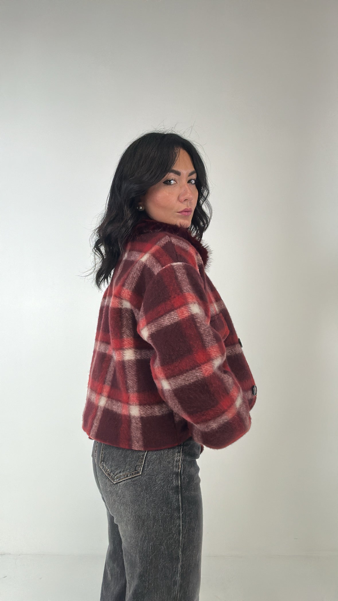 Cappotto CORTO A QUADRONI - BORDEAUX