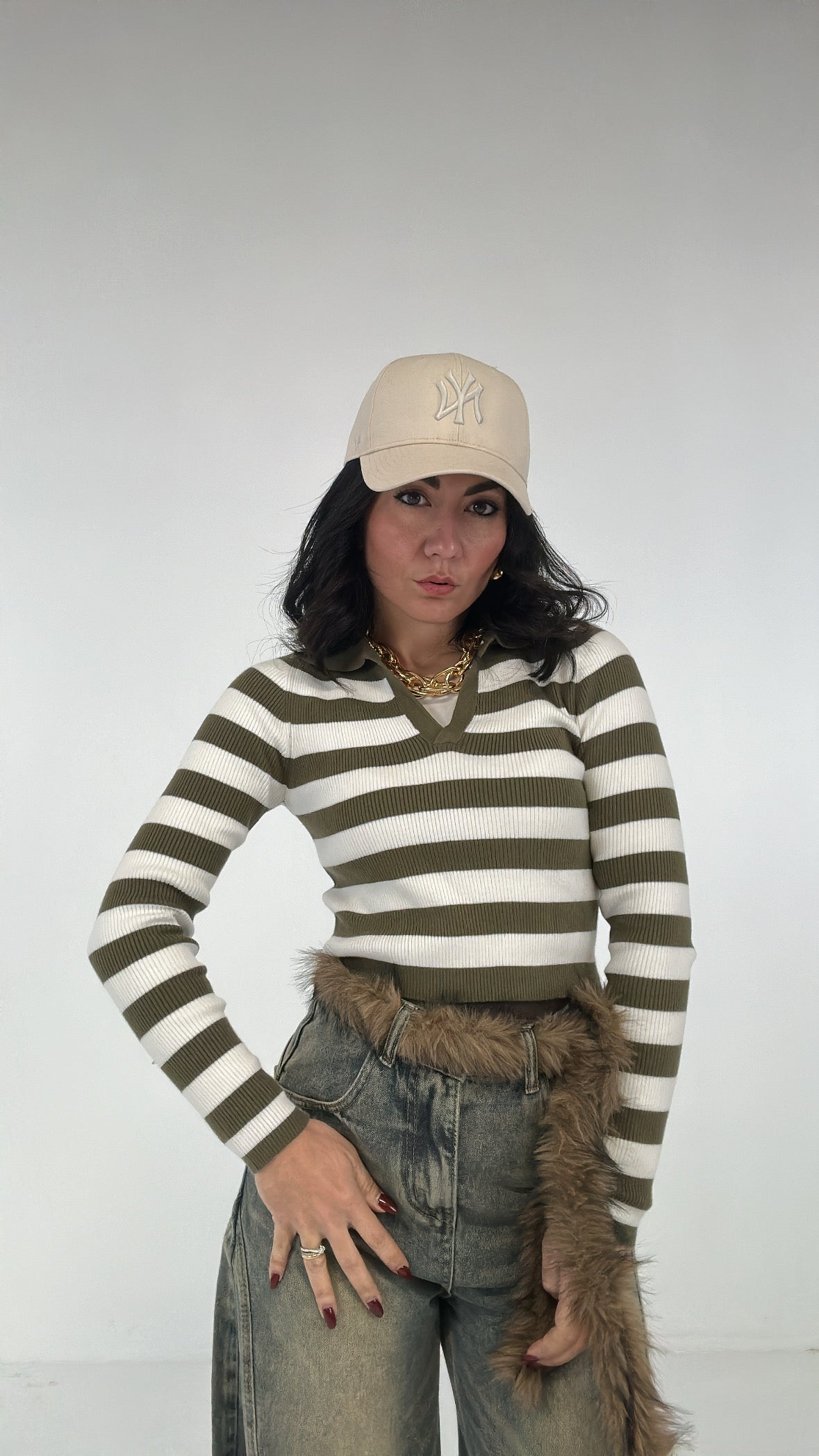 Polo CROP RIGATA - VERDE MILITARE