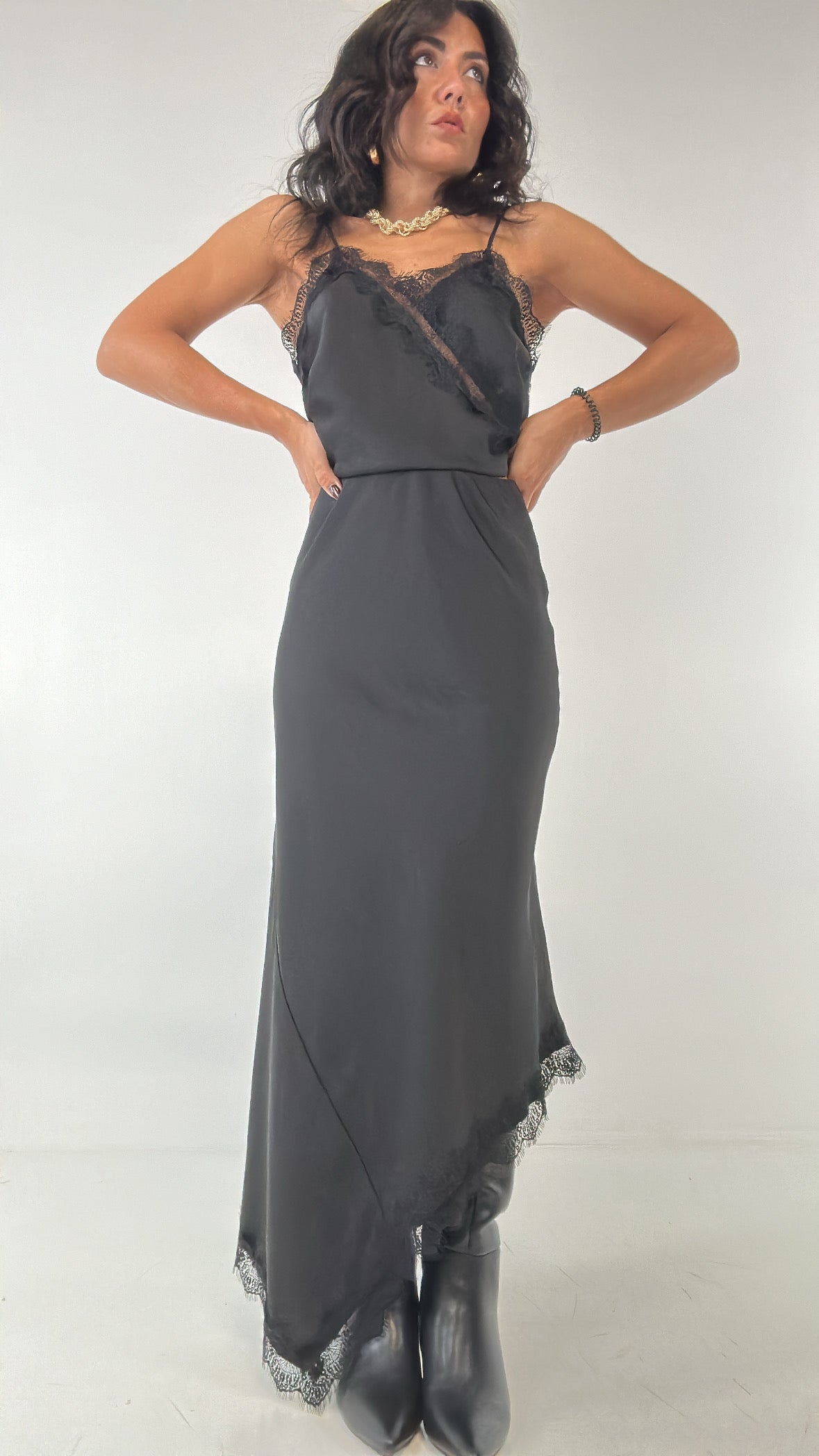 Gonna SATIN PIZZO TRASVERSALE - NERO
