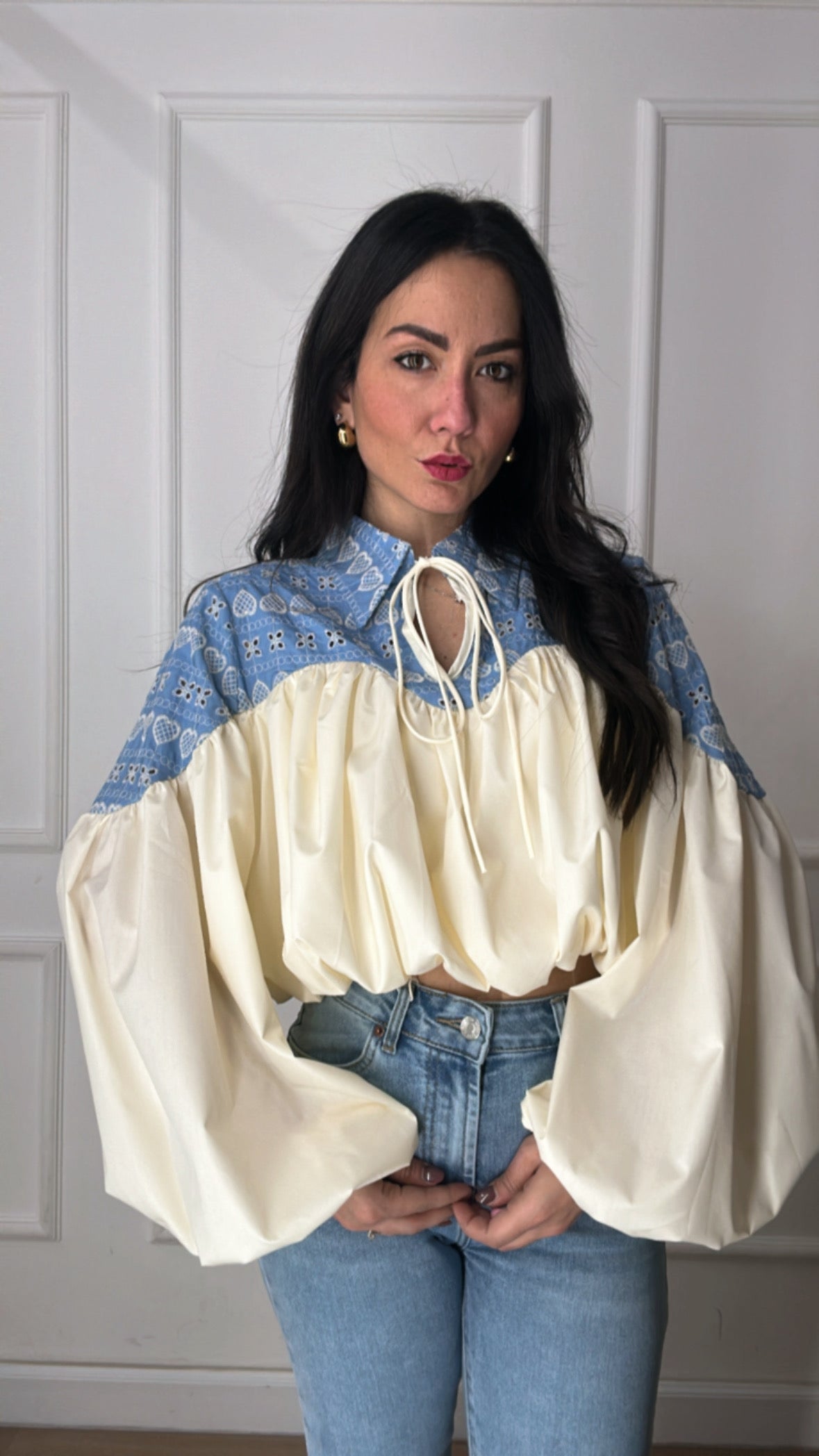 Camicia PALLONCINO CON RICAMI - PANNA