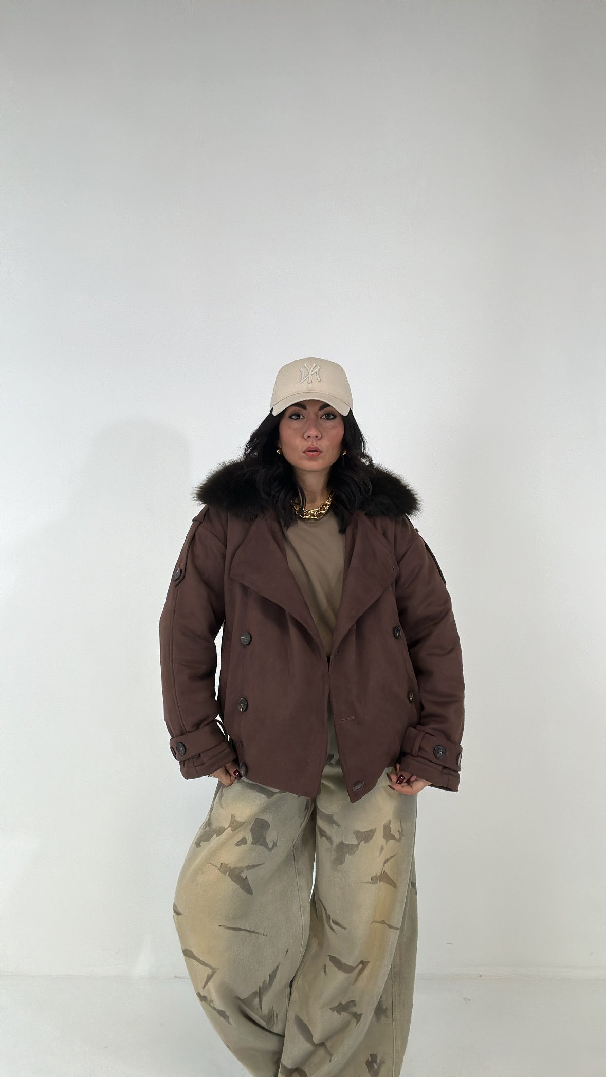 Bomber CAMOSCIO E COLLO IN PELLICCIA - MARRONE