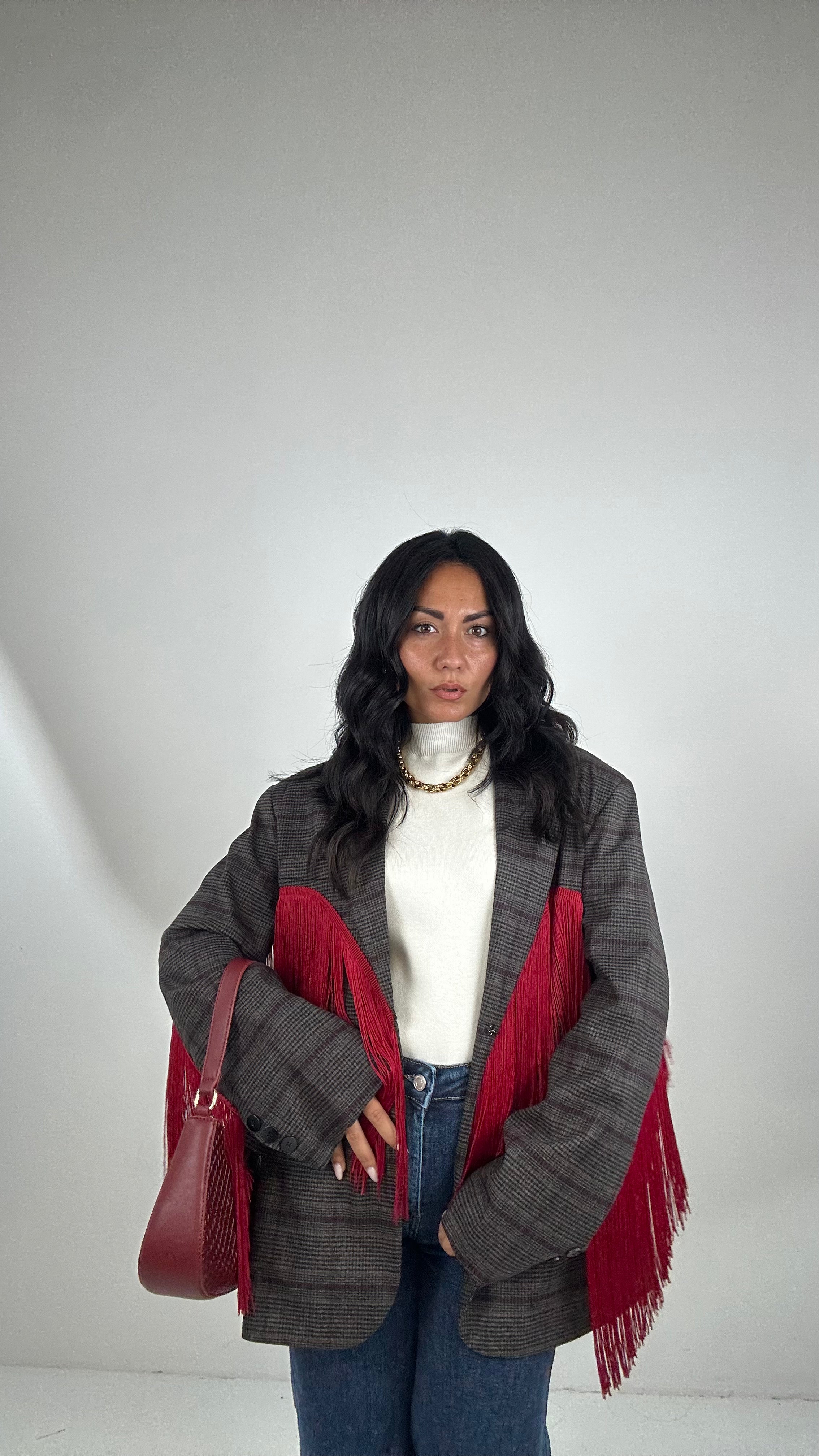 Blazer QUADRI LUMINA FRANGE - MARRONE-BORDEAUX