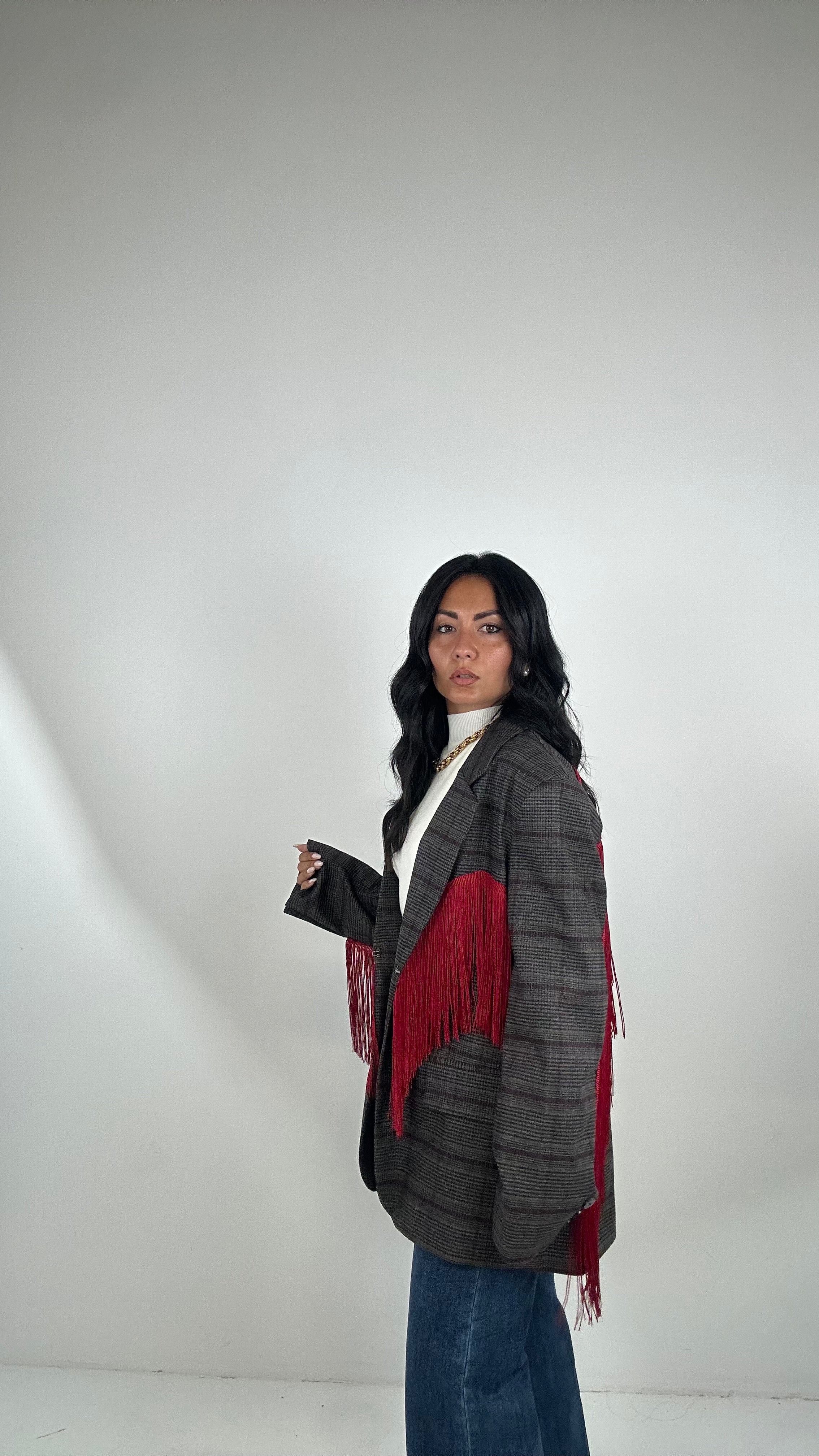 Blazer QUADRI LUMINA FRANGE - MARRONE-BORDEAUX
