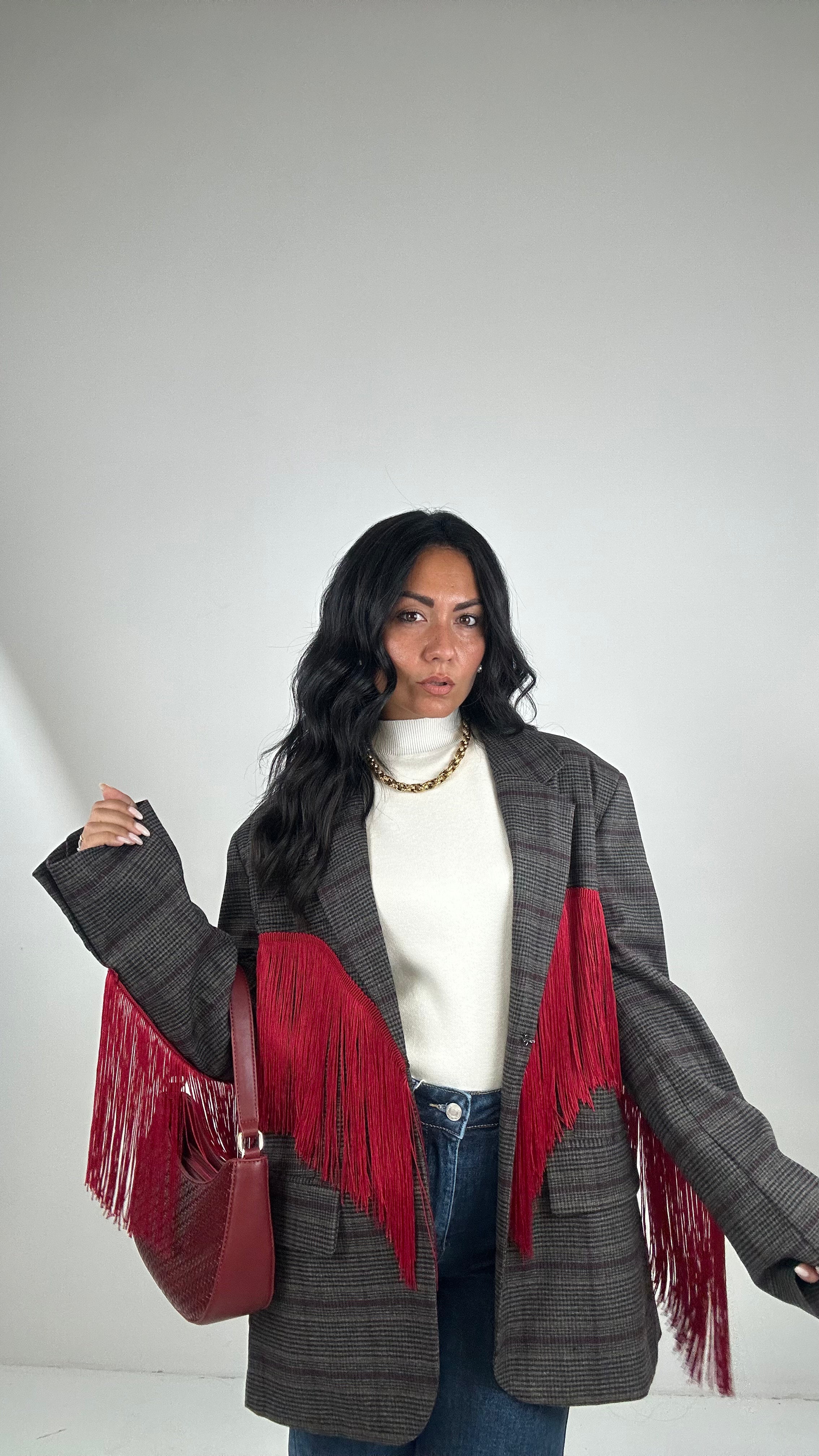 Blazer QUADRI LUMINA FRANGE - MARRONE-BORDEAUX