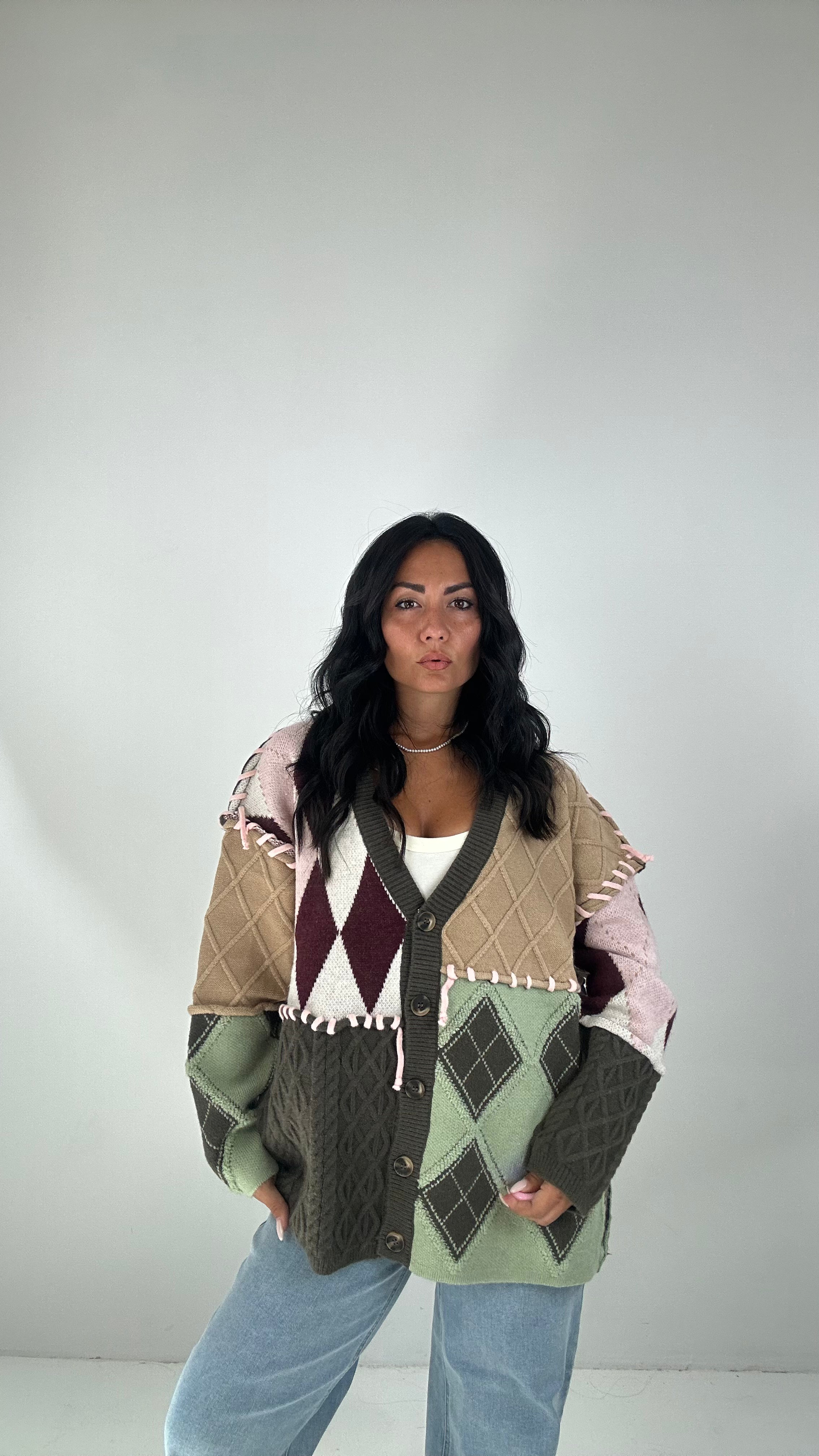 Cardigan COLOR INTRECCIO - VERDE MILITARE