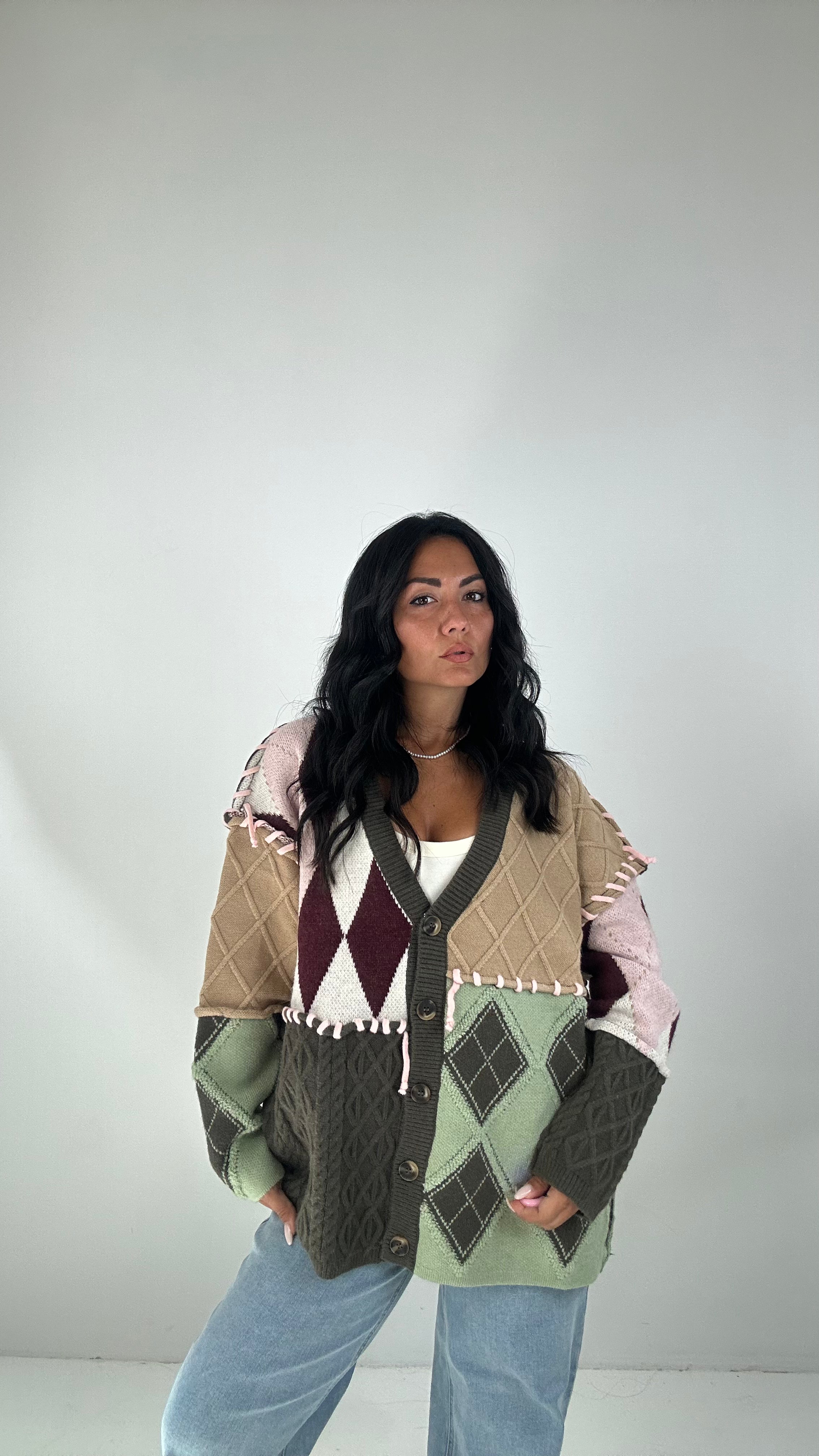 Cardigan COLOR INTRECCIO - VERDE MILITARE