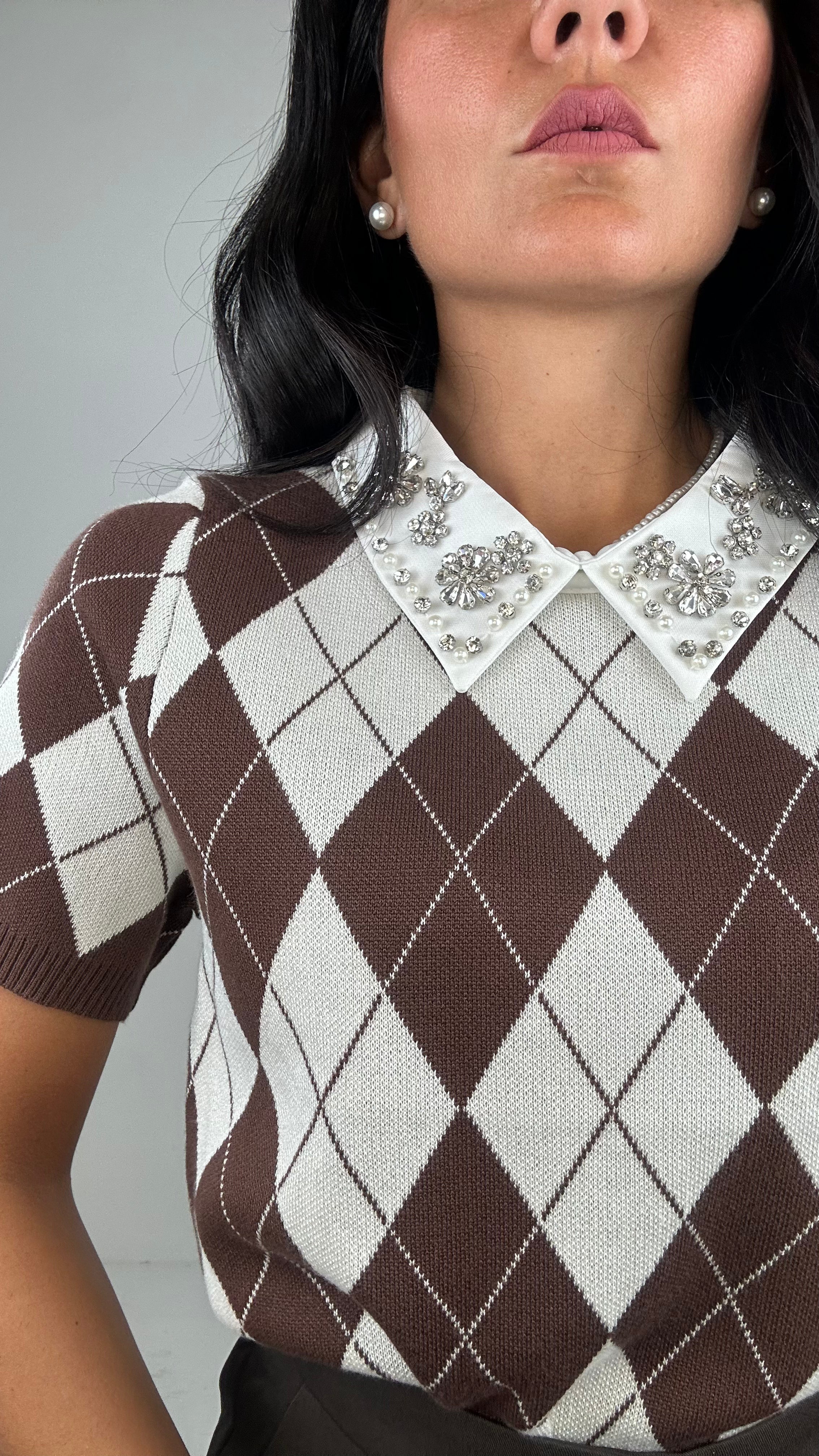 Polo ROMBO COLLETTO STRASS - MARRONE