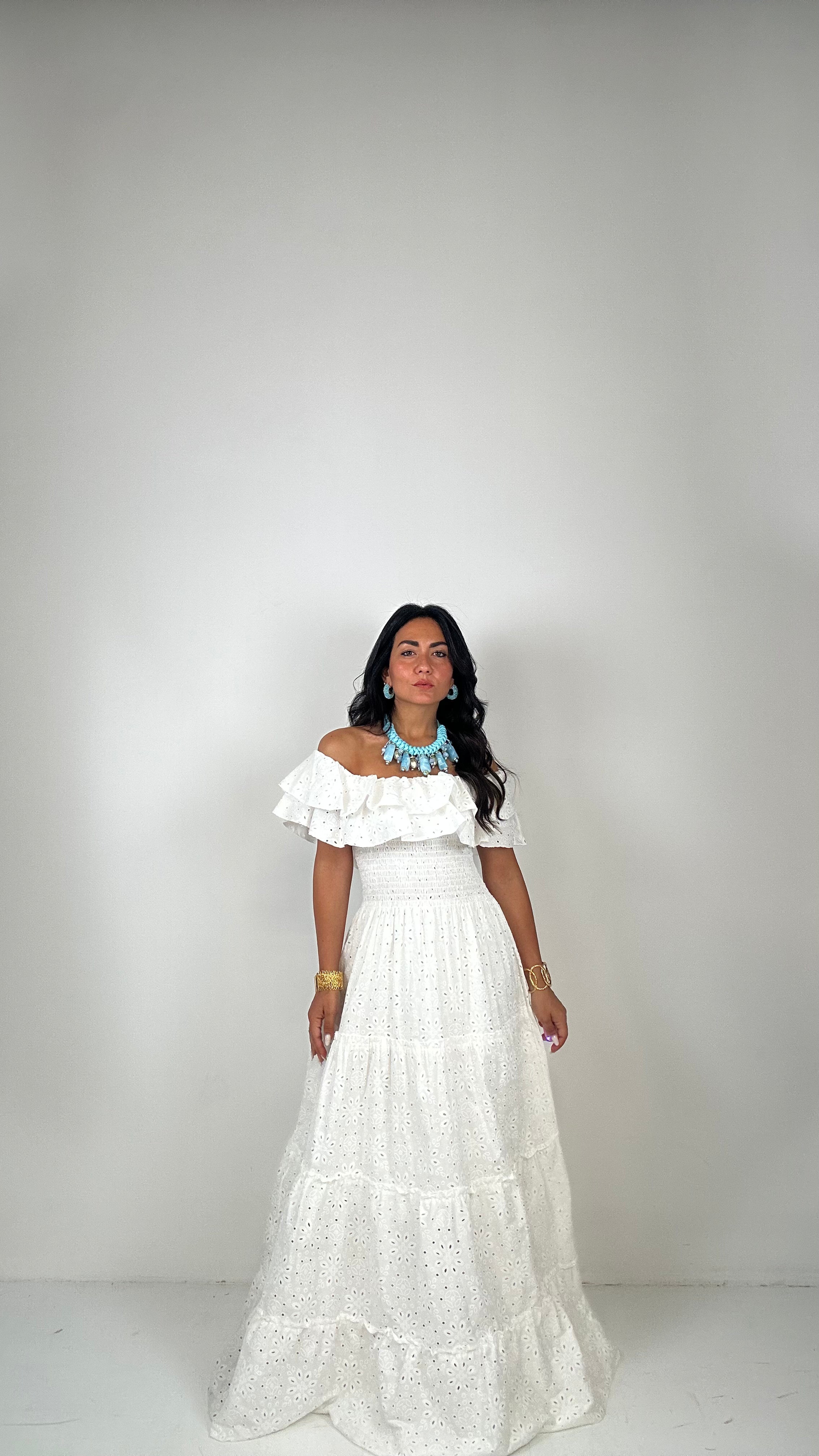 Vestito SCOLLO A BARCA IN SANGALLO - BIANCO