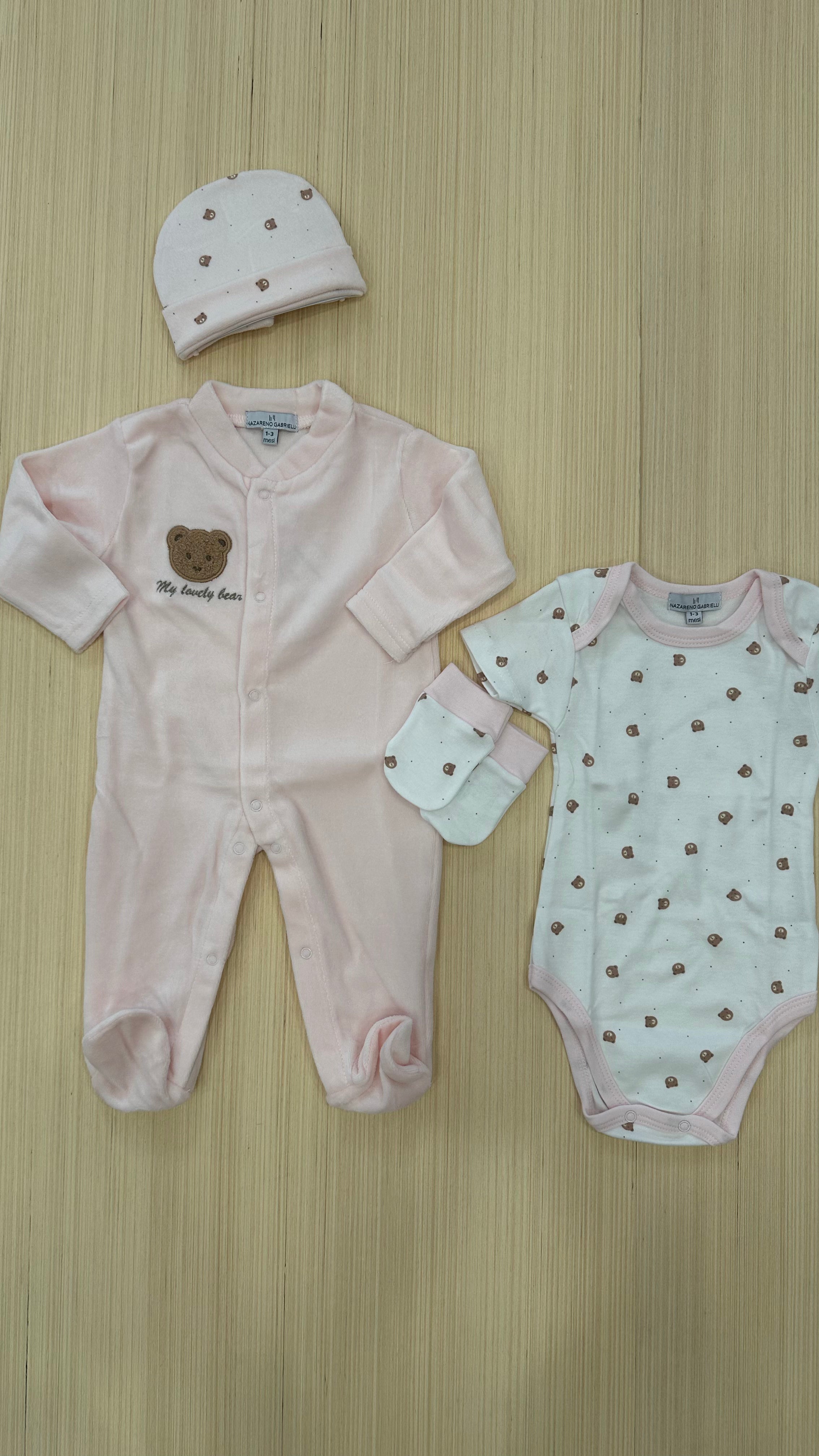 Set NASCITA TUTINA+BODY+CAPPELLO+MUFFOLETTE - ROSA