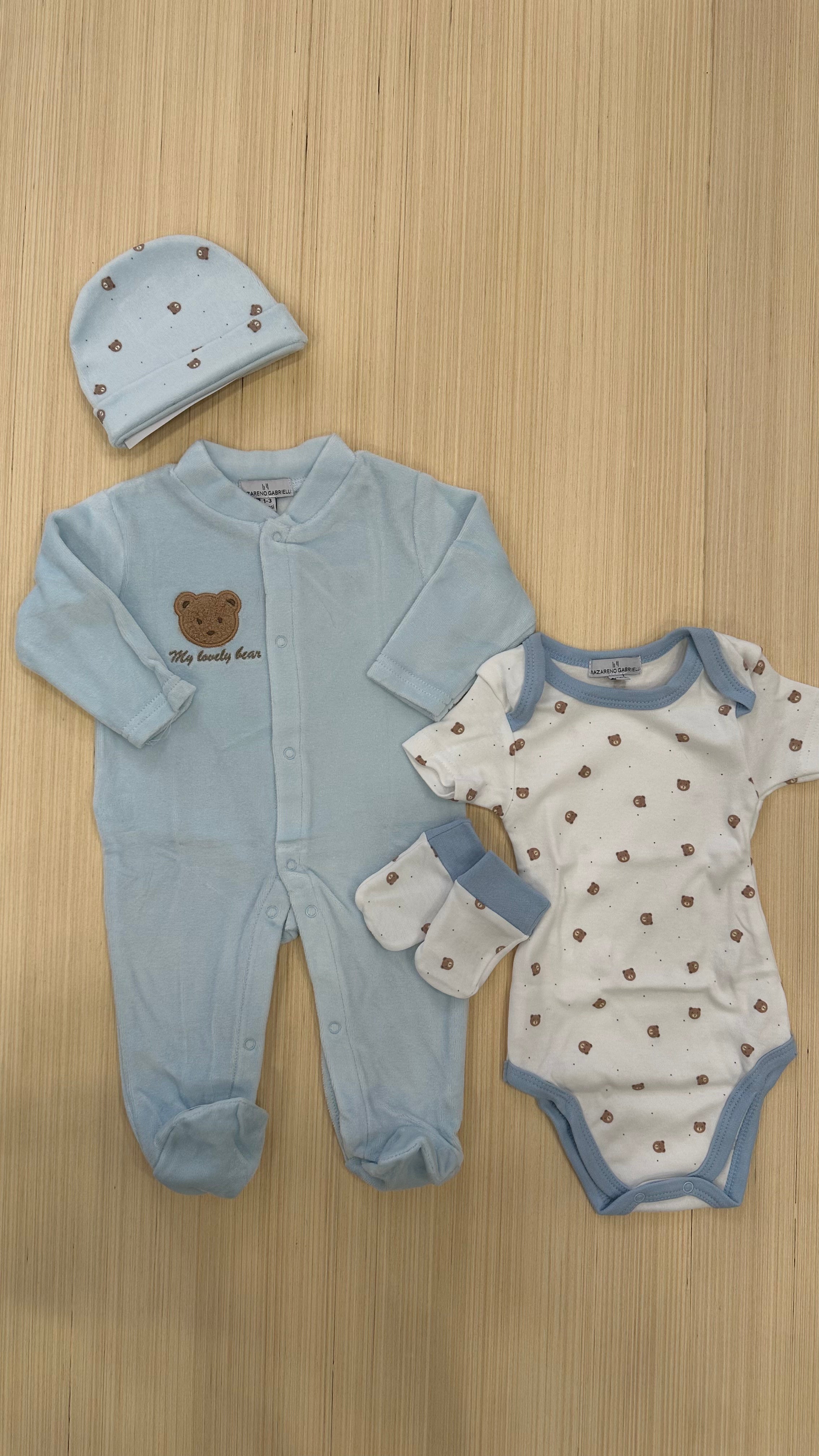 Set NASCITA TUTINA+BODY+CAPPELLO+MUFFOLETTE - CELESTE