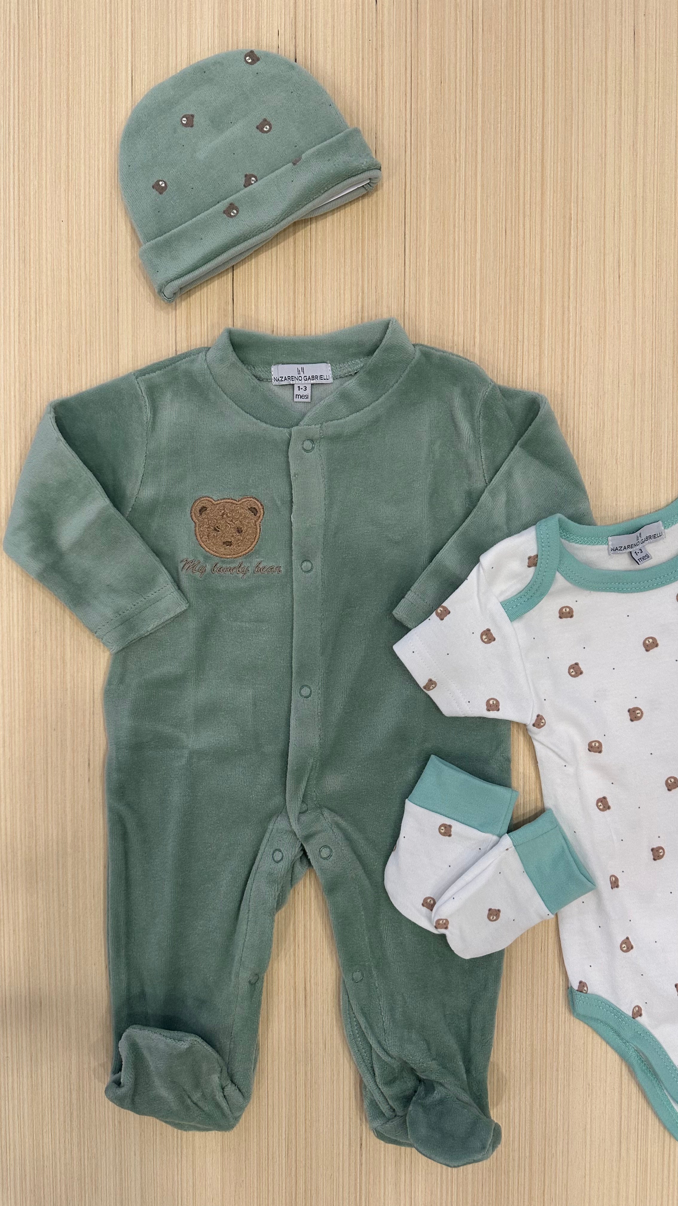 Set NASCITA TUTINA+BODY+CAPPELLO+MUFFOLETTE - VERDE