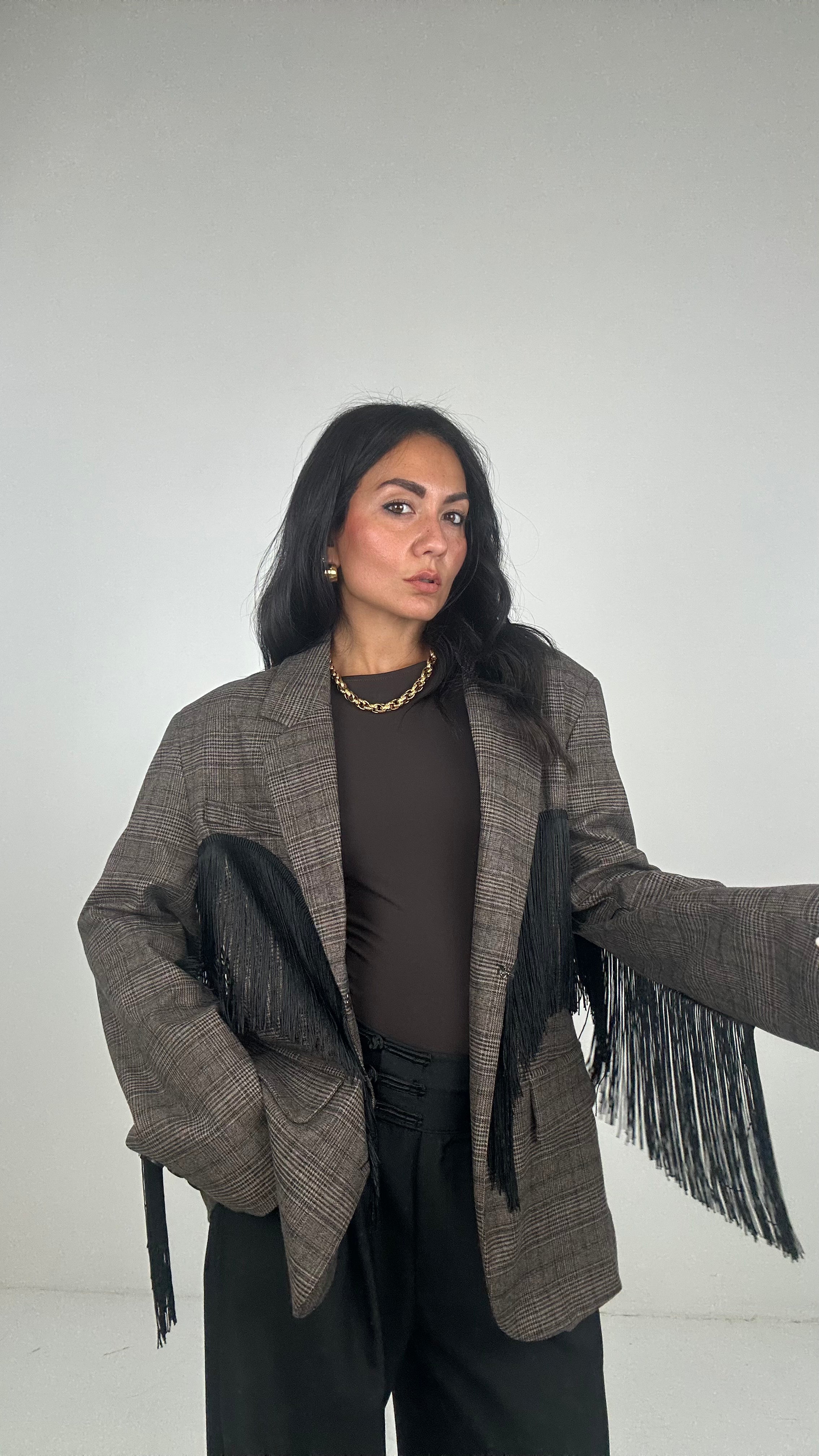 Blazer QUADRI LUMINA FRANGE - MARRONE