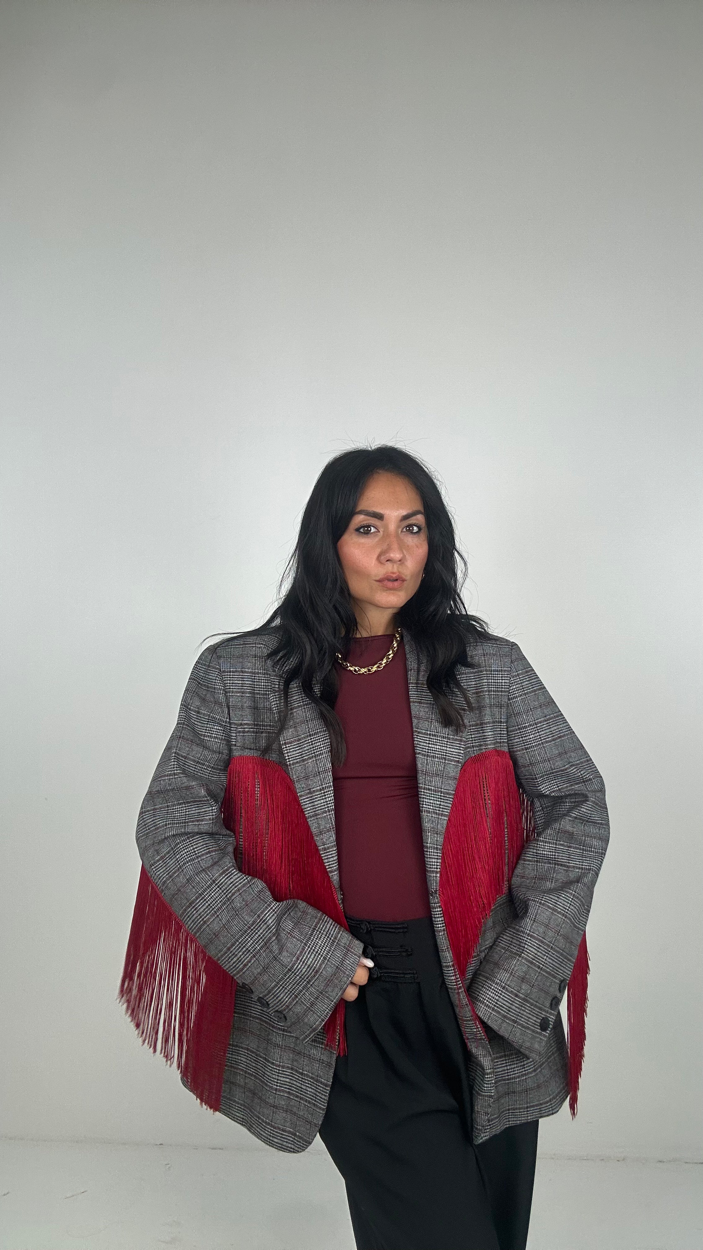 Blazer QUADRI LUMINA FRANGE - GRIGIO-BORDEAUX