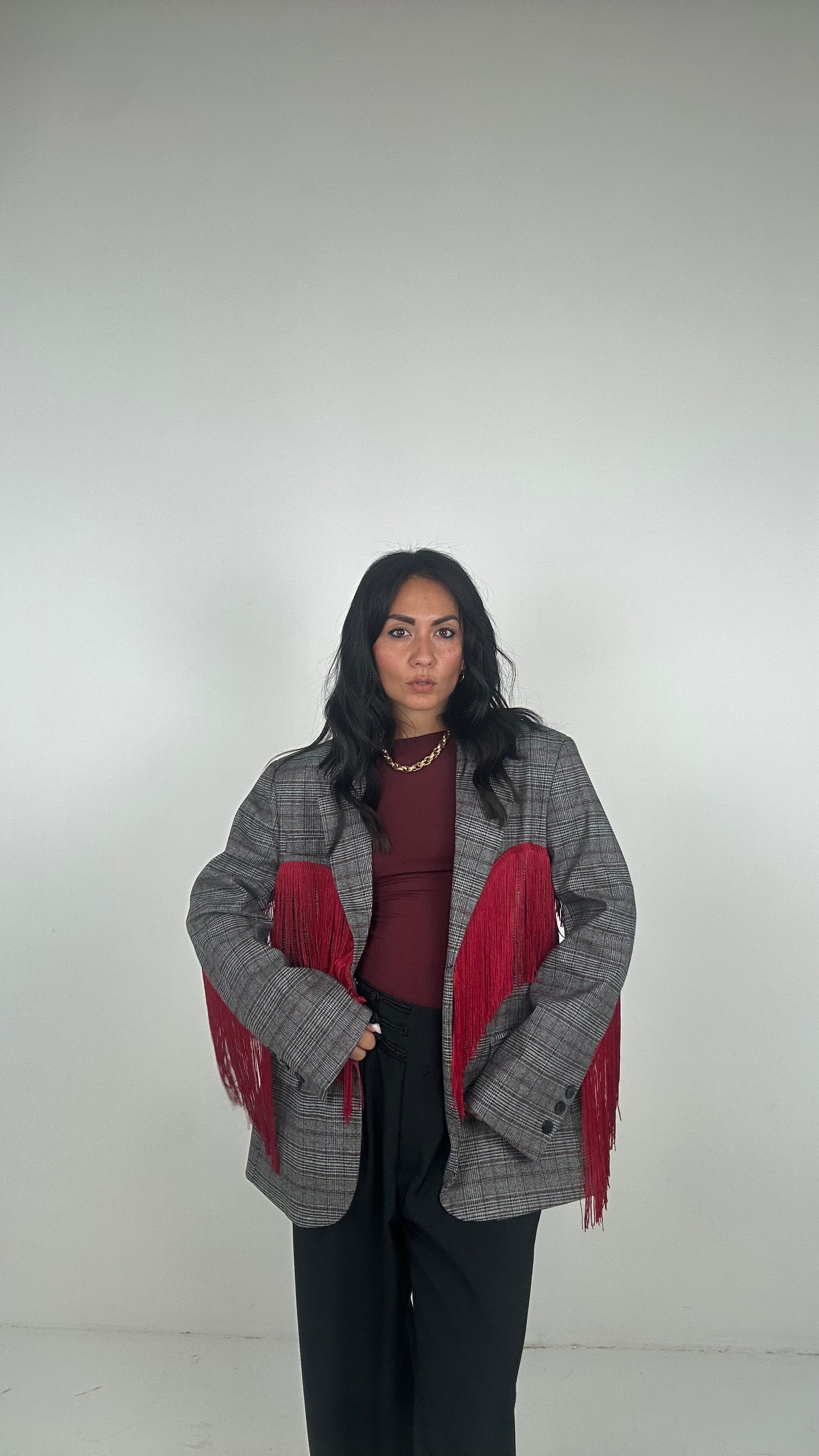 Blazer QUADRI LUMINA FRANGE - GRIGIO-BORDEAUX