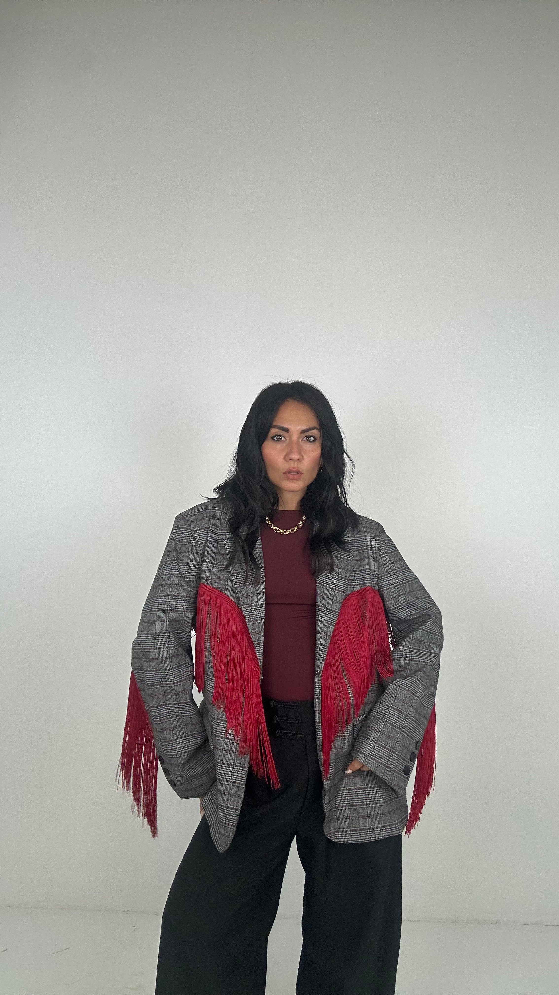 Blazer QUADRI LUMINA FRANGE - GRIGIO-BORDEAUX