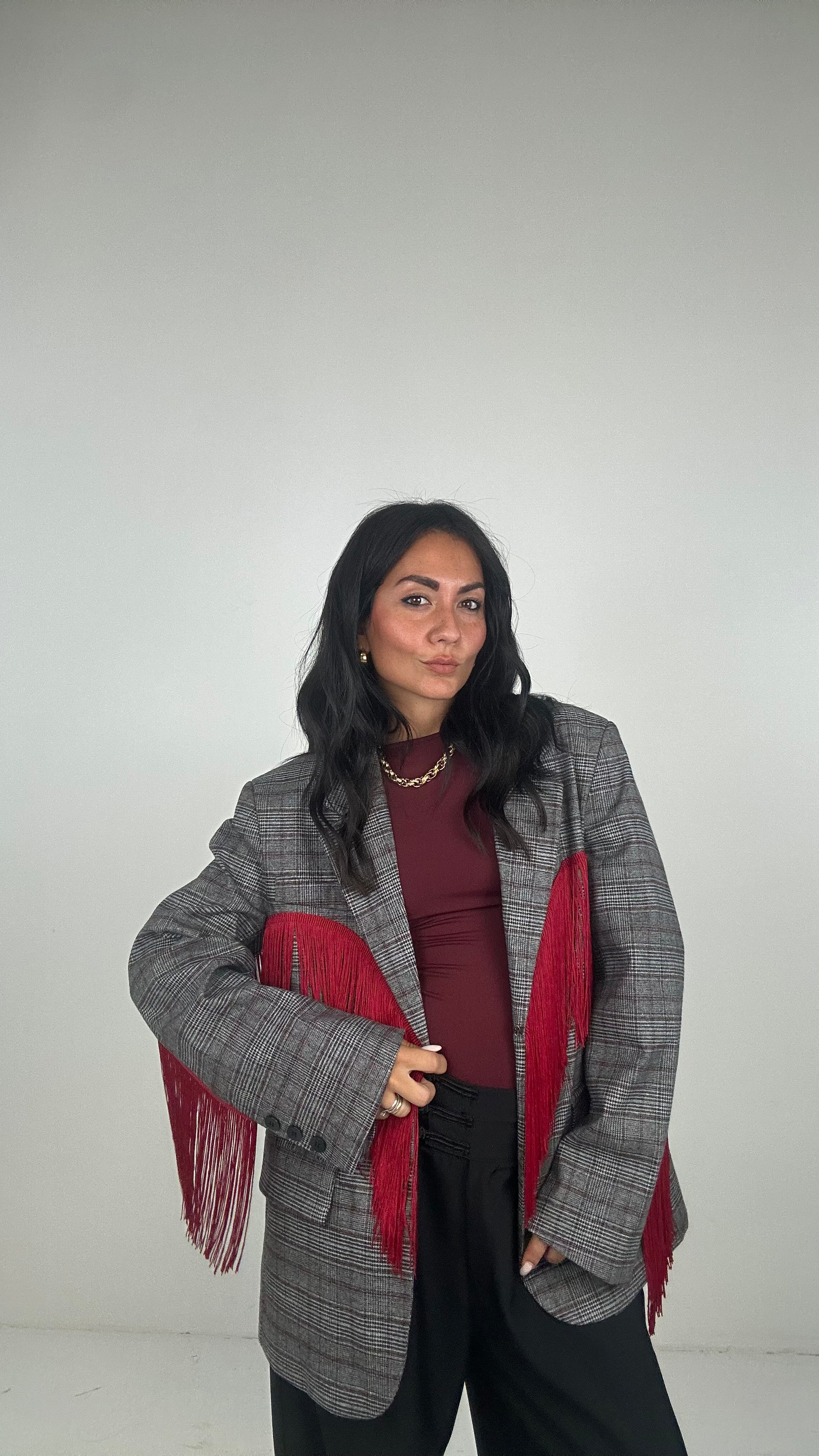 Blazer QUADRI LUMINA FRANGE - GRIGIO-BORDEAUX
