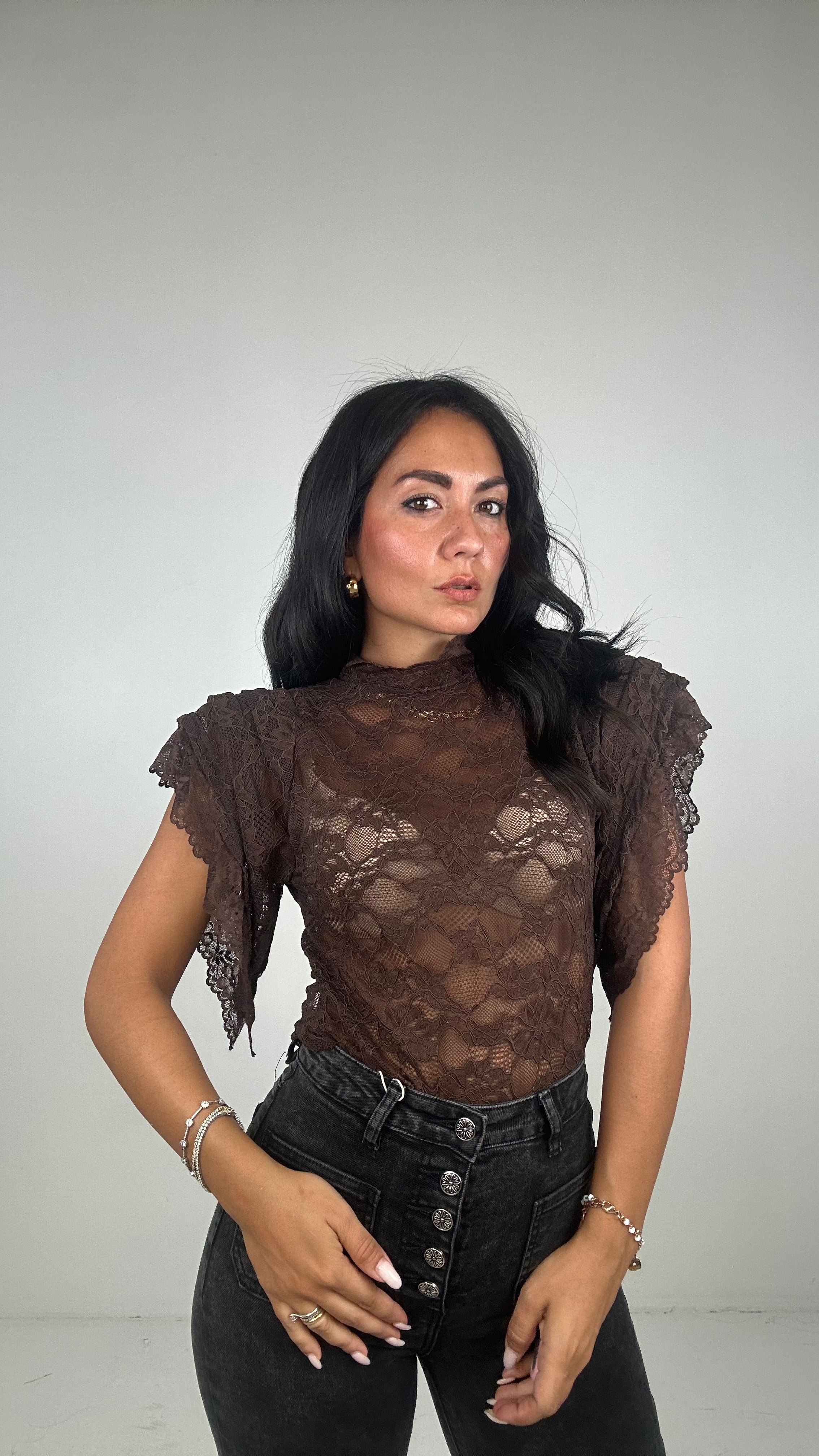 Body IN PIZZO MANICA VOLANT - MARRONE