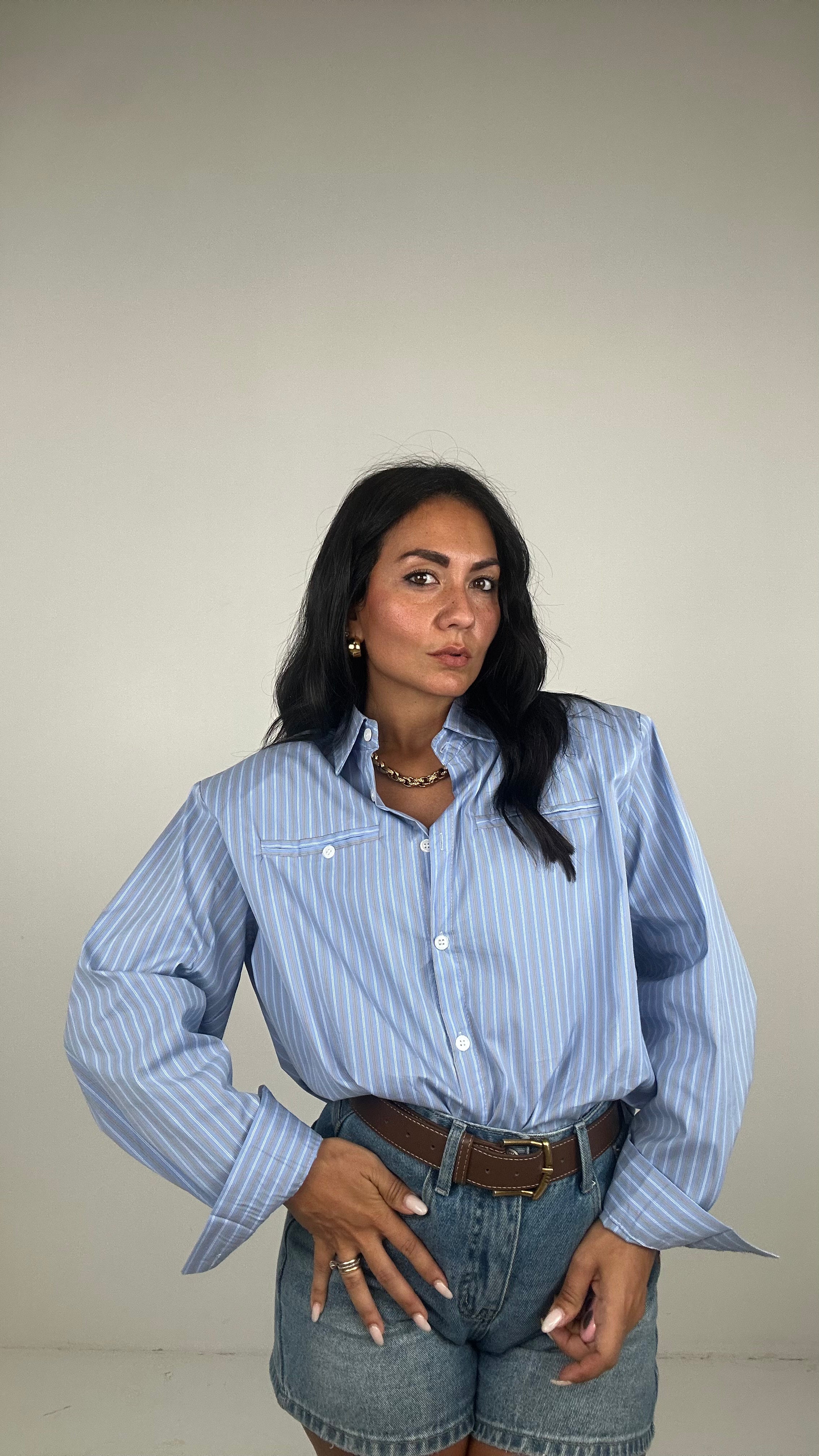 Camicia SPALLINA E RIGHE - CELESTE