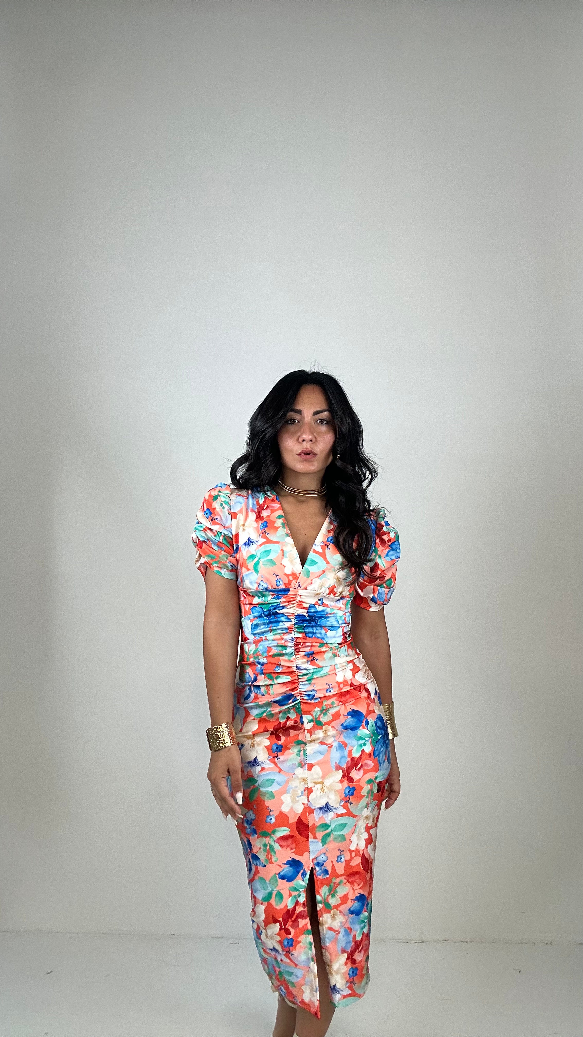 Vestito DRAPPEGGIATO A FIORI - ARANCIO