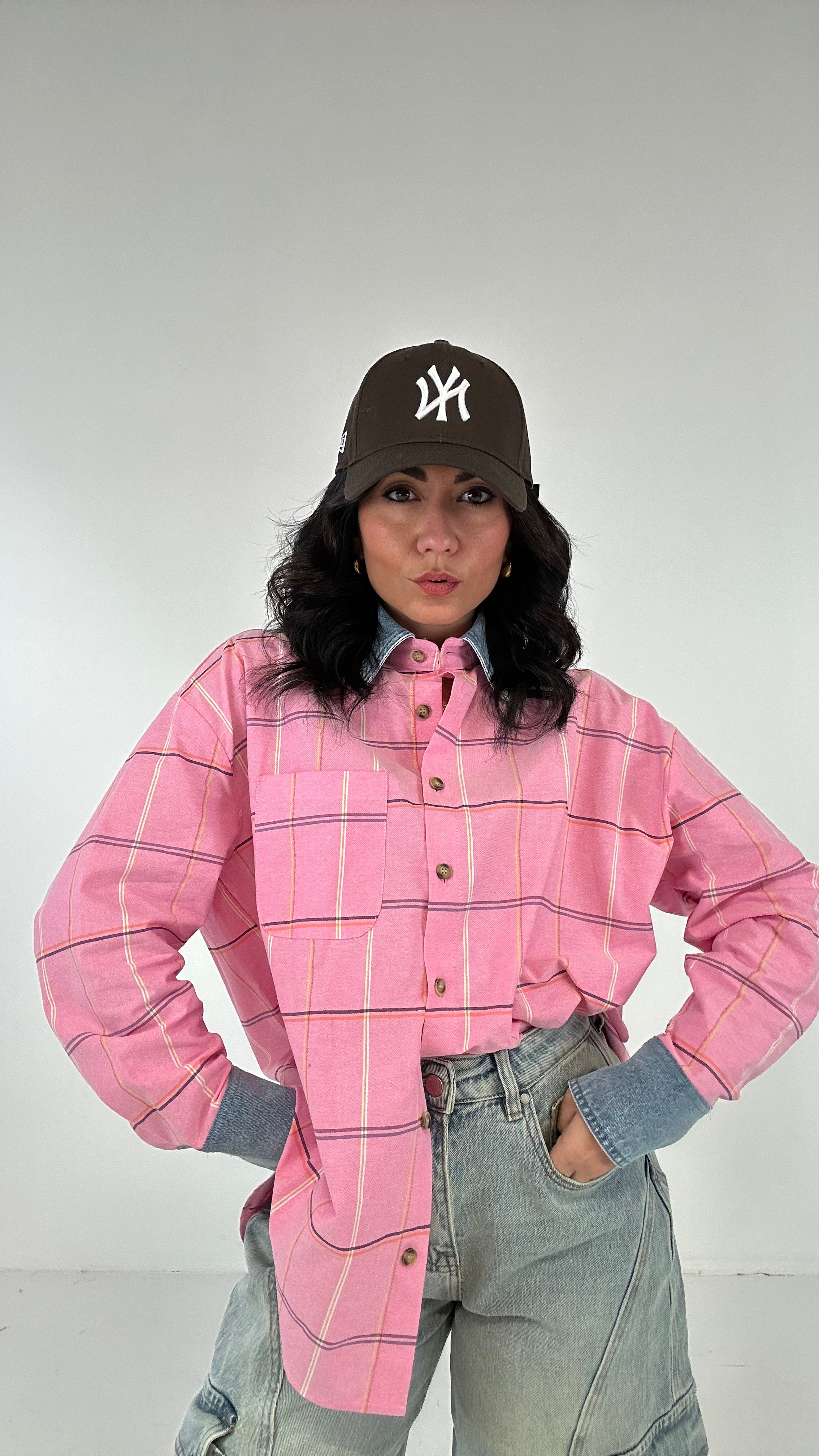 Camicione QUADRI COLLO IN JEANS - ROSA