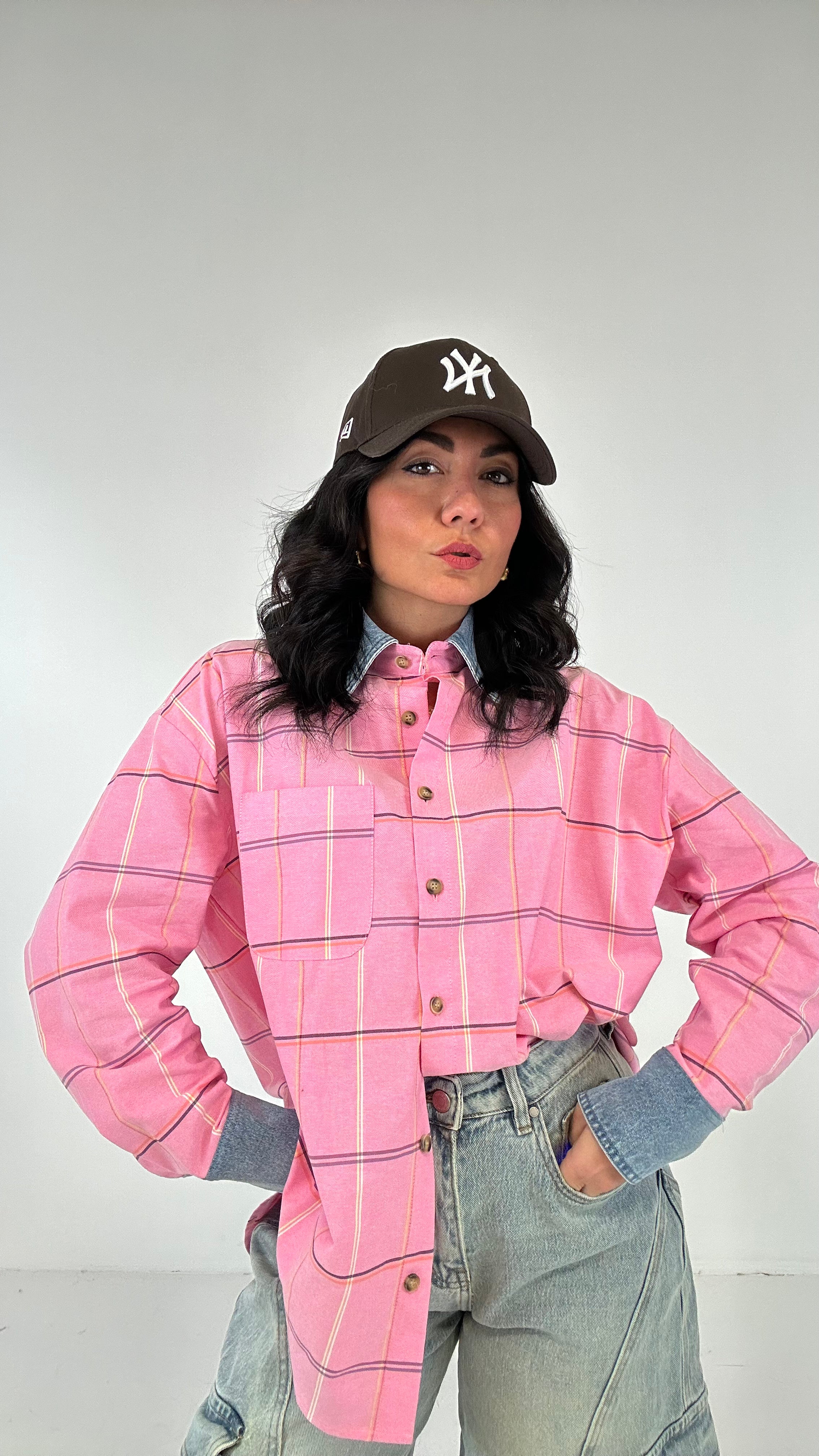 Camicione QUADRI COLLO IN JEANS - ROSA