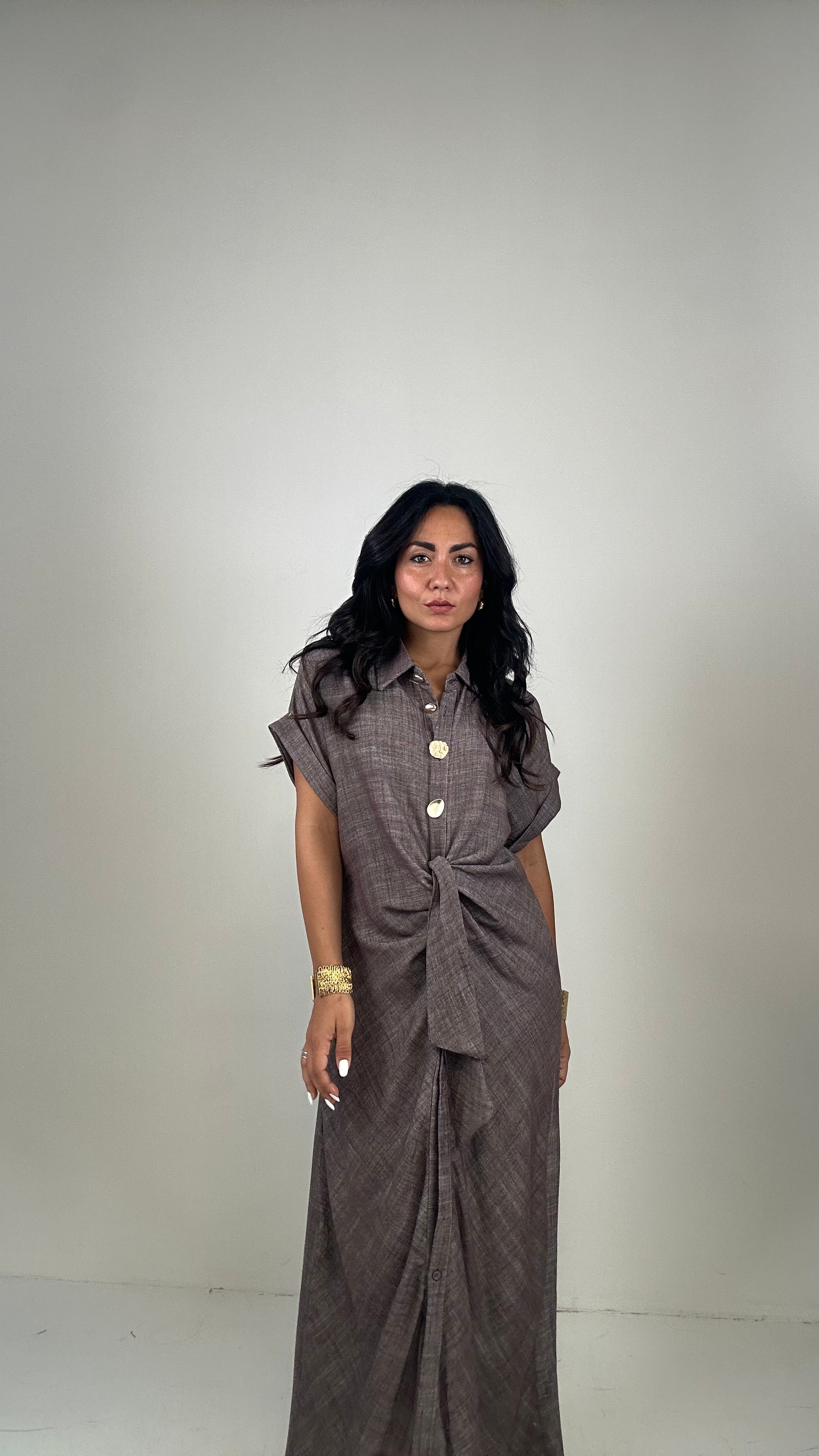 Vestito MIDI BOTTONI ORO - MARRONE
