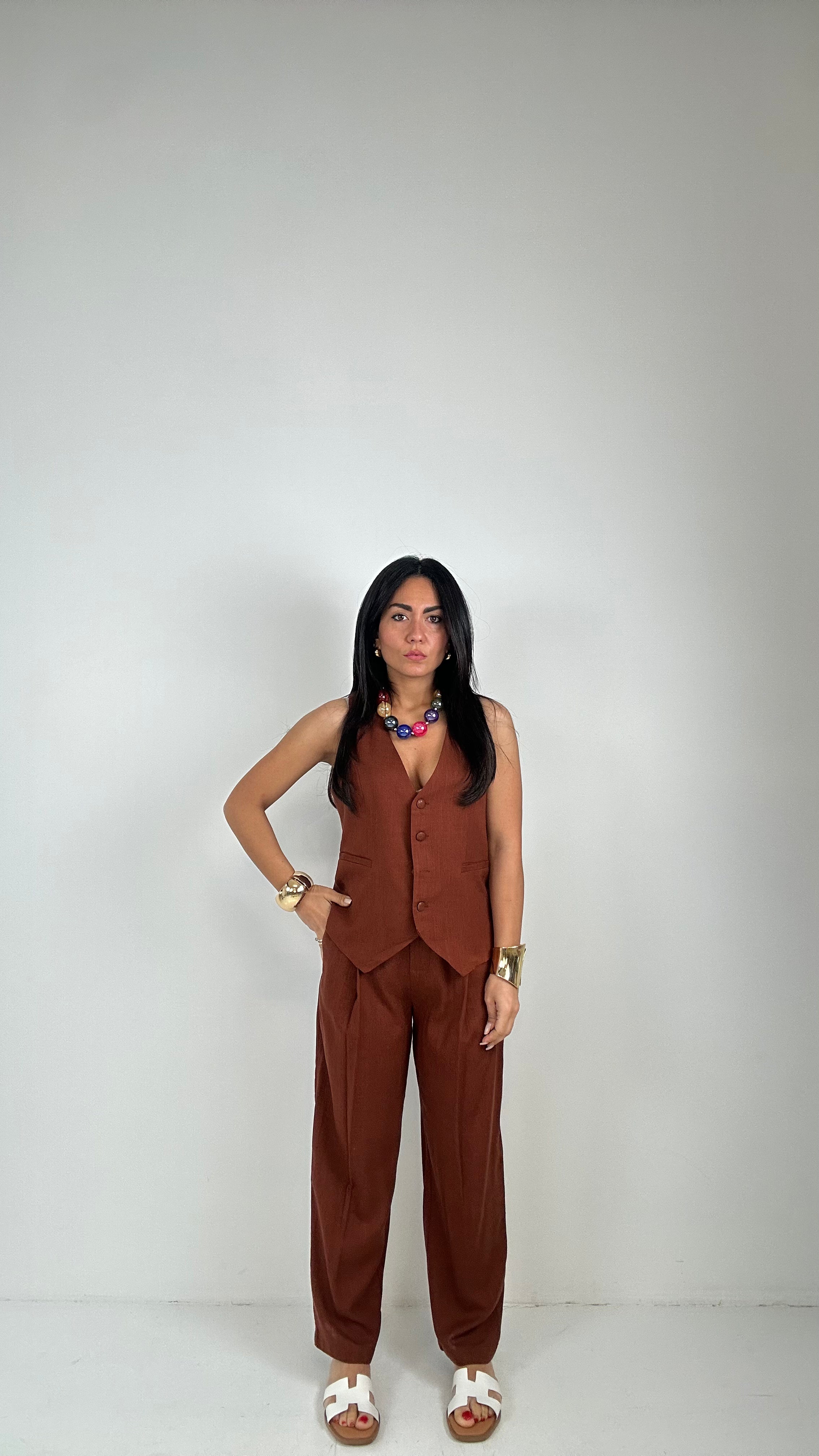 Completo LINO GILET - MARRONE