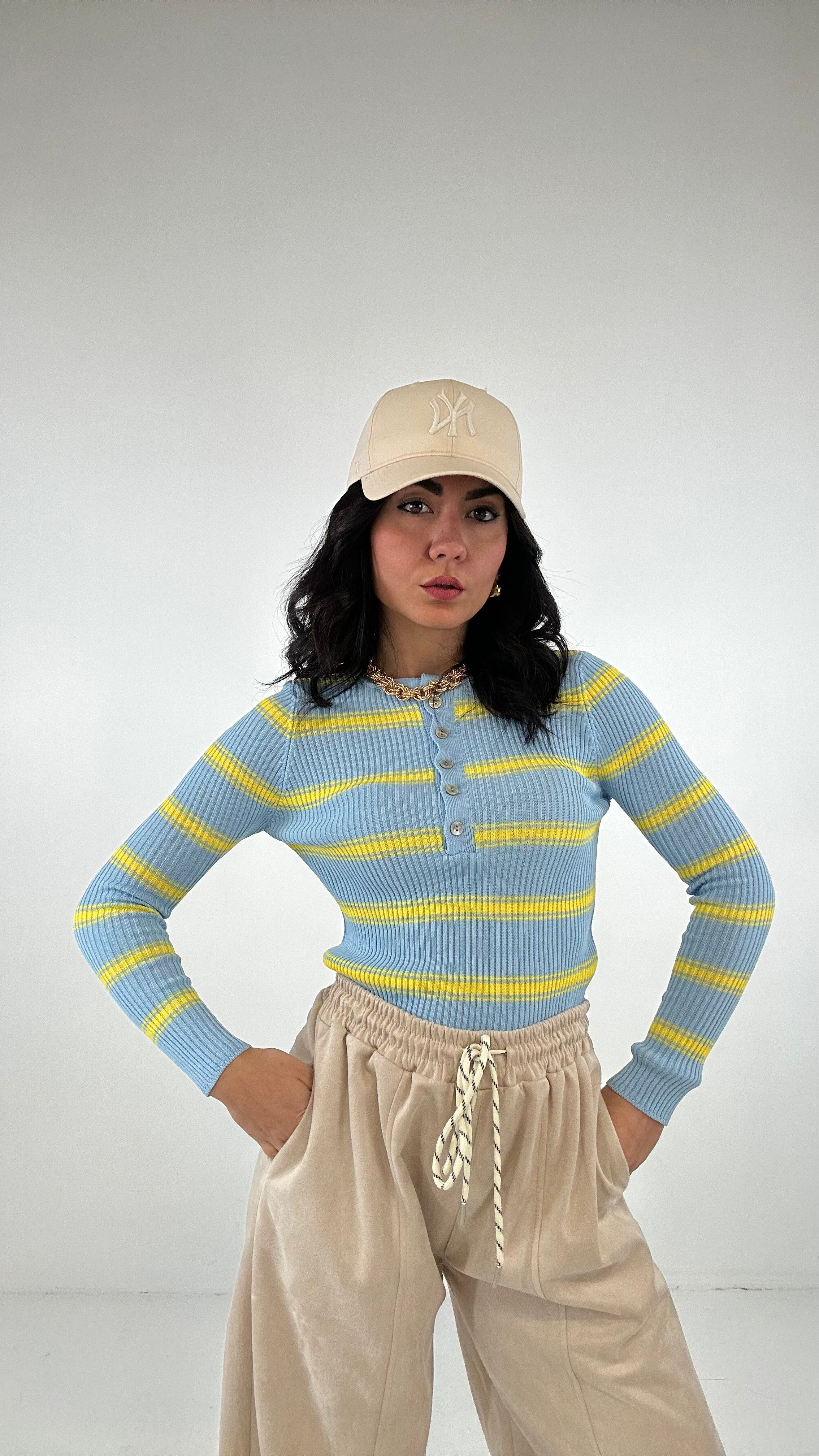 Maglia RIGHE BOTTONCINI - CELESTE