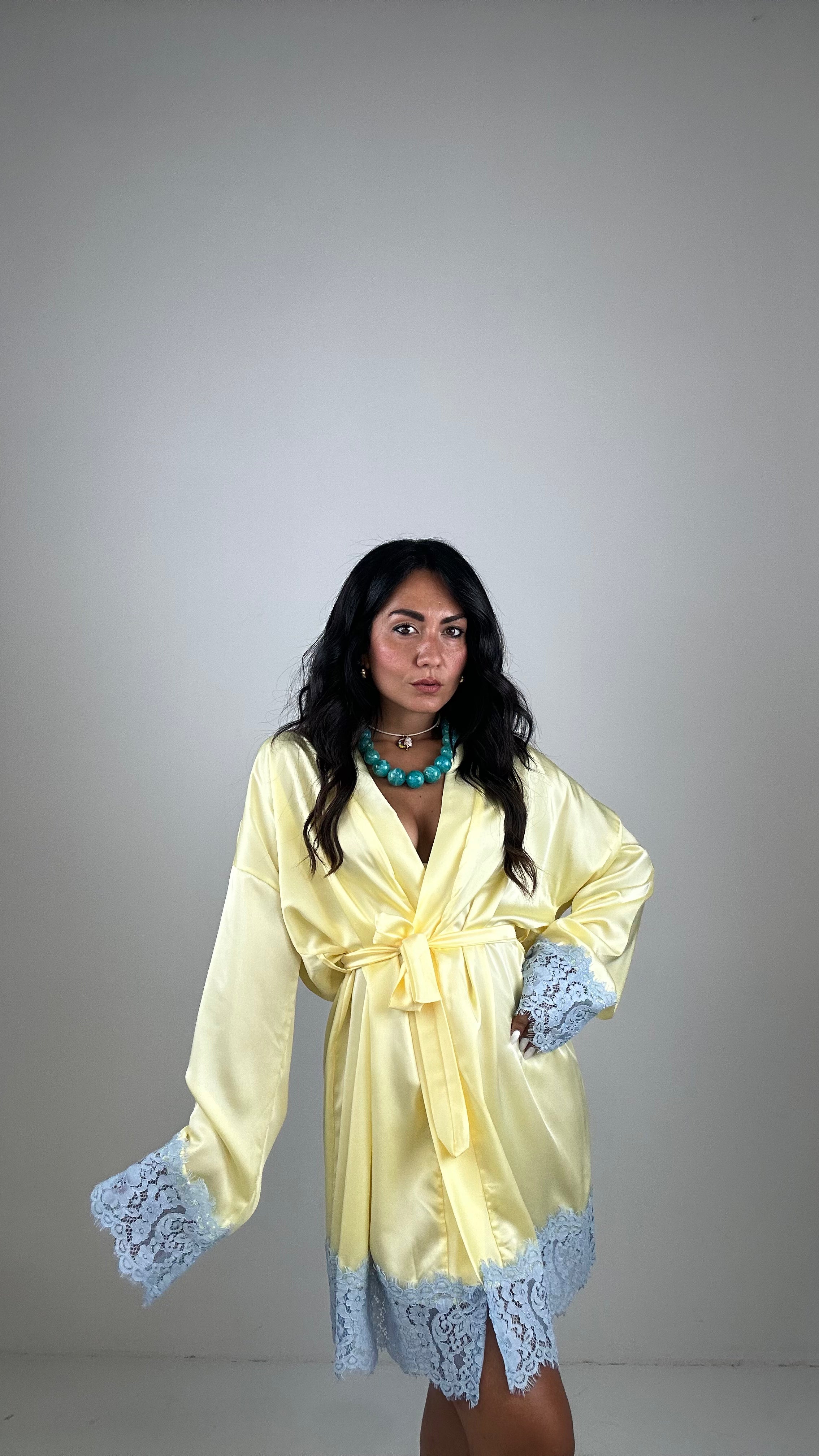 Kimono SATIN CON PIZZO - GIALLO