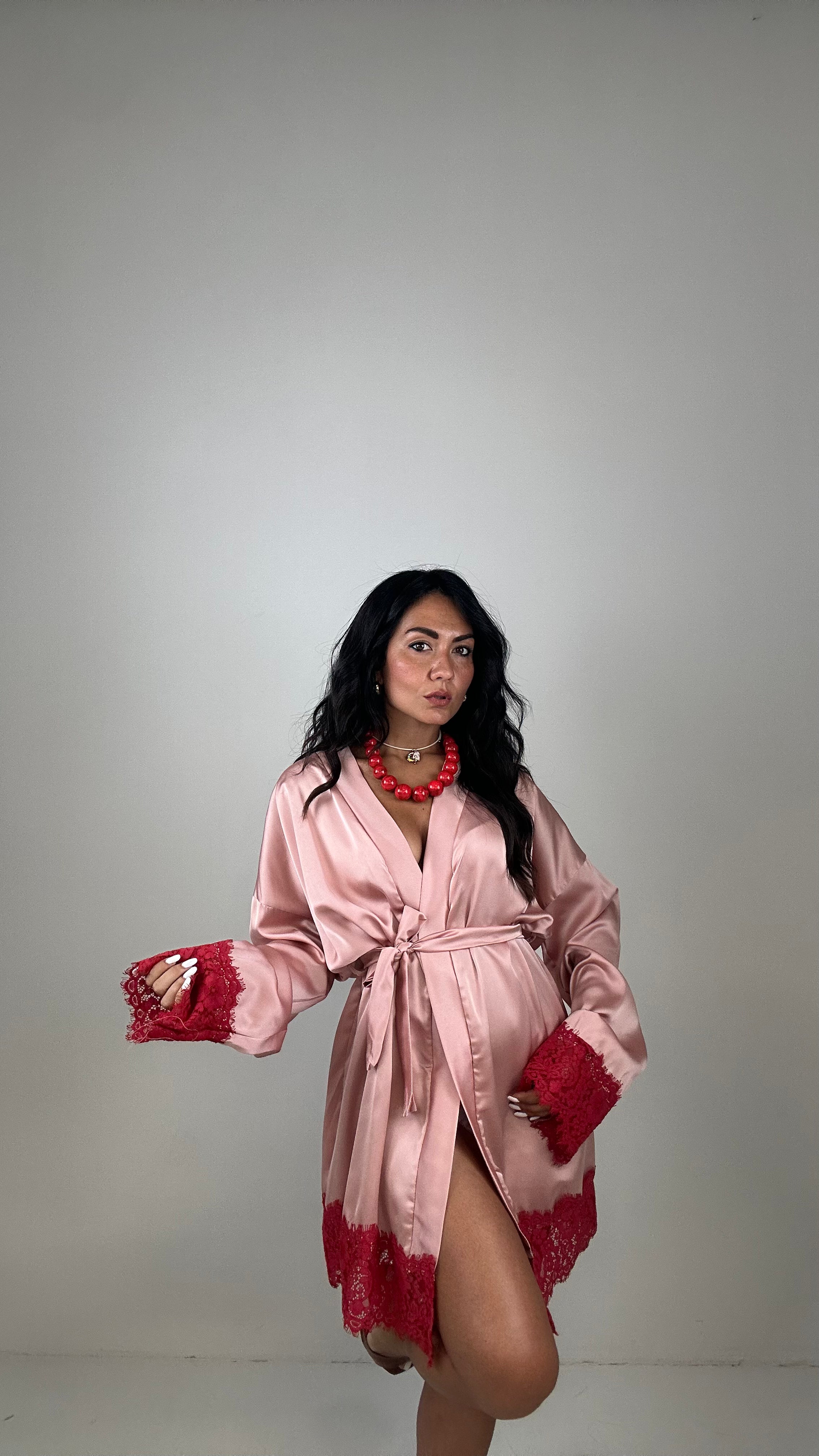 Kimono SATIN CON PIZZO - ROSA