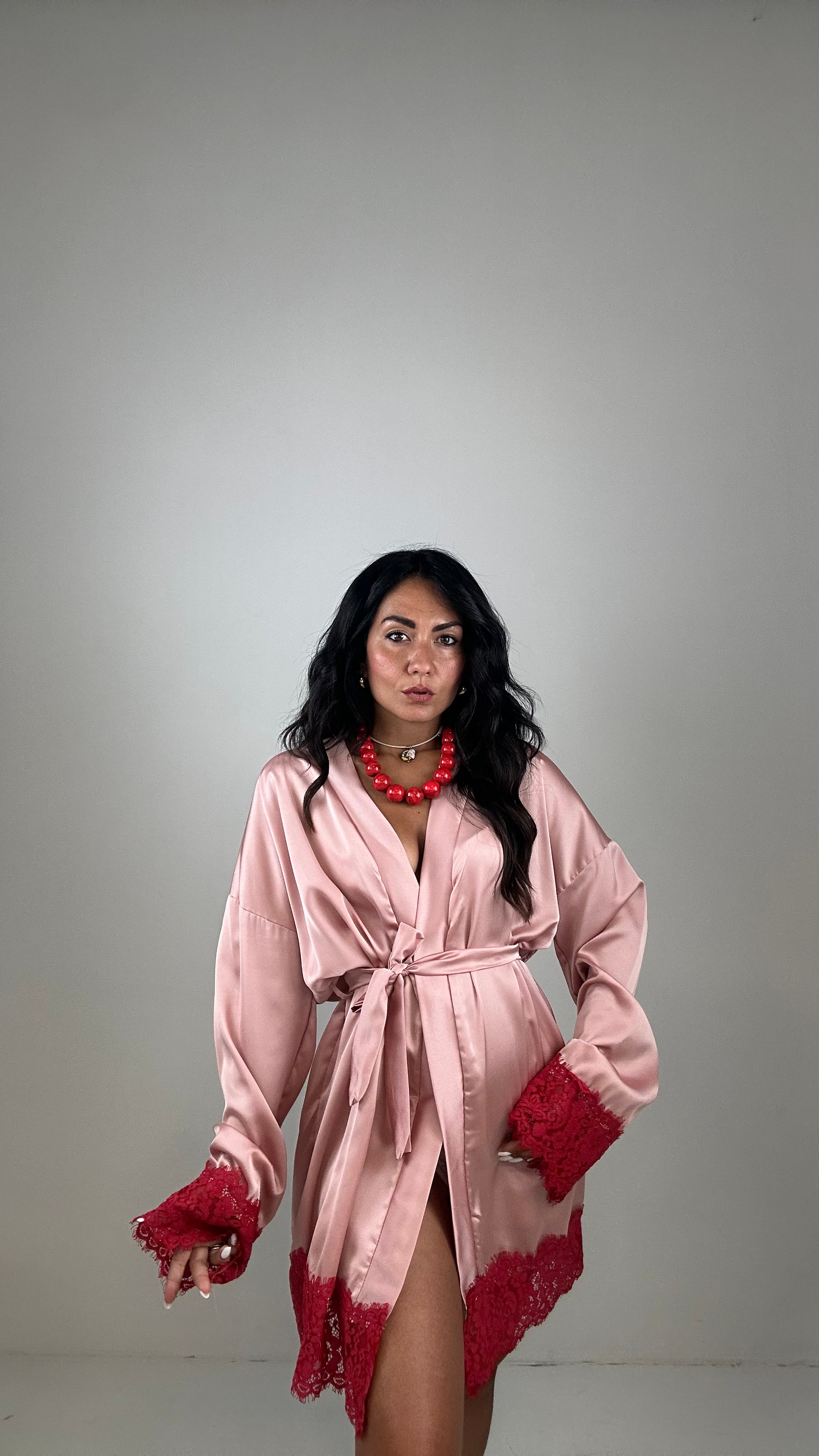 Kimono SATIN CON PIZZO - ROSA