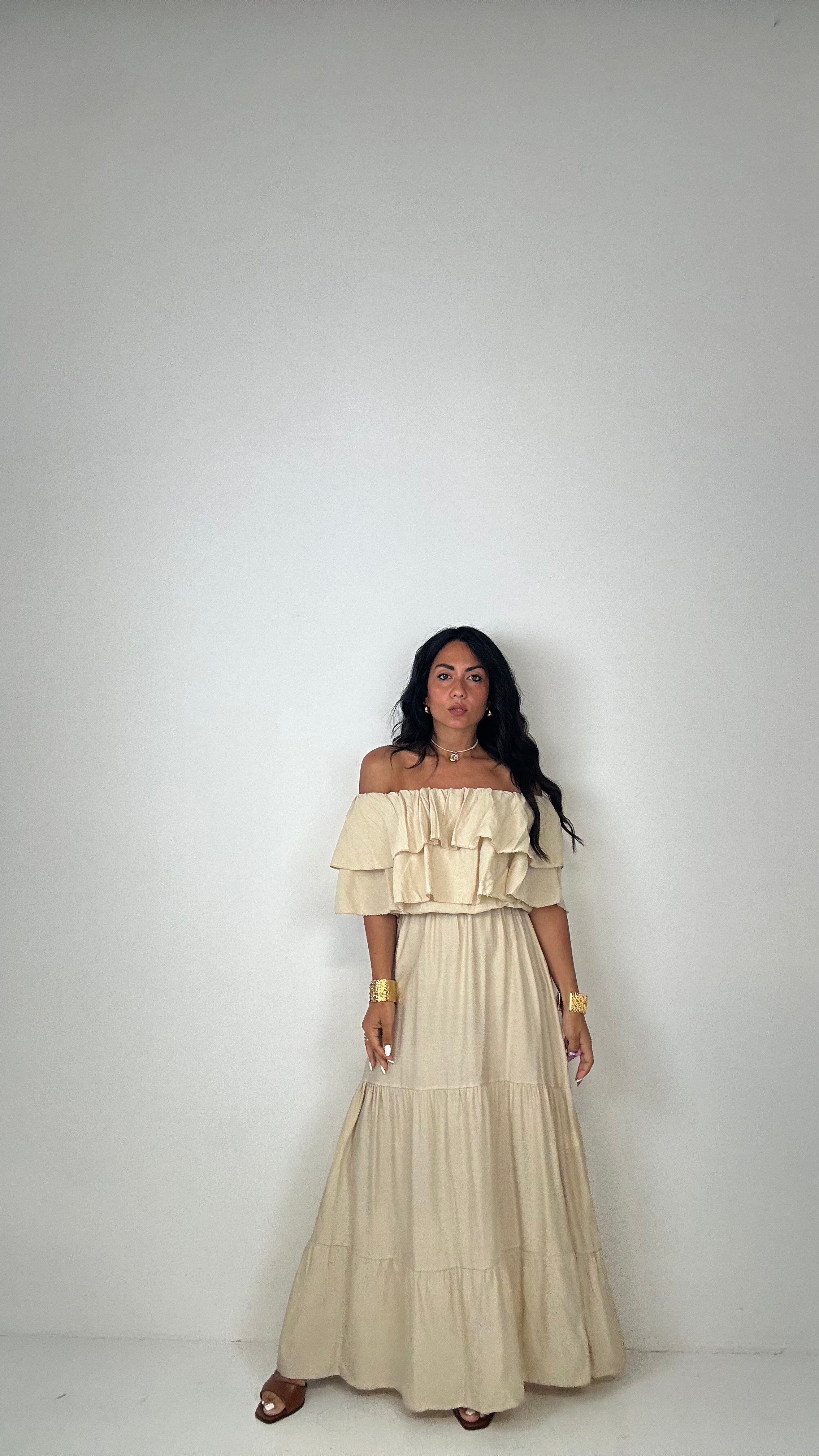 Vestito SCOLLO A BARCA CON BALZE - BEIGE