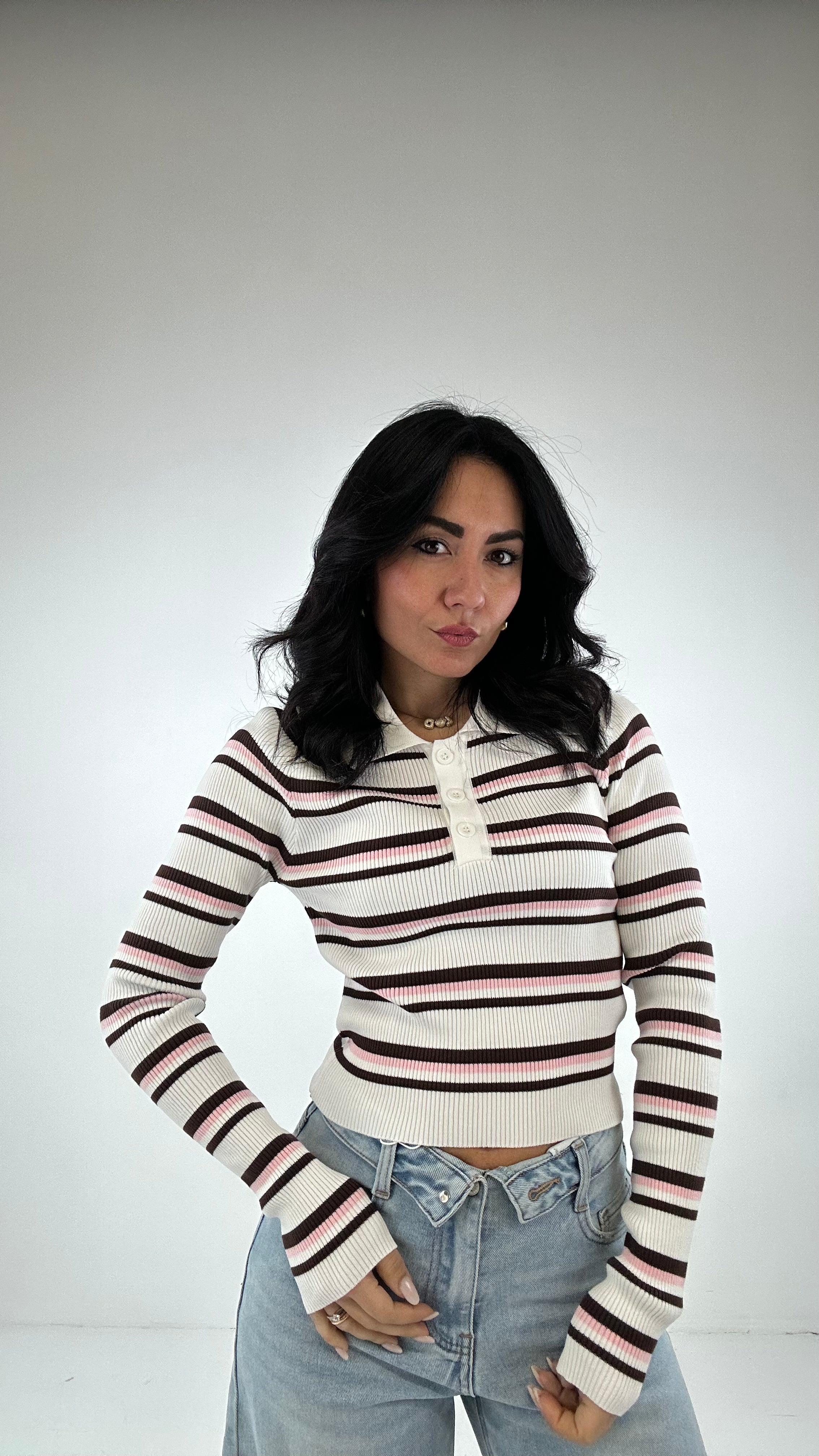 Polo CROPPED A RIGHE - BIANCO