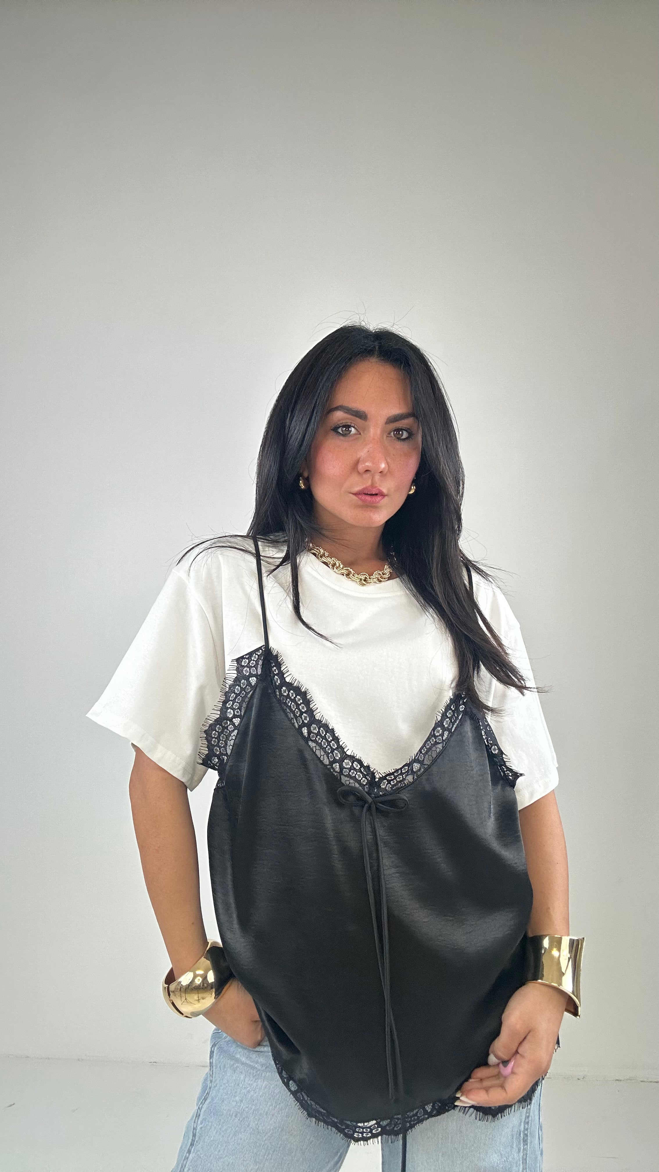 T-shirt CON TOP PIZZO - BIANCO