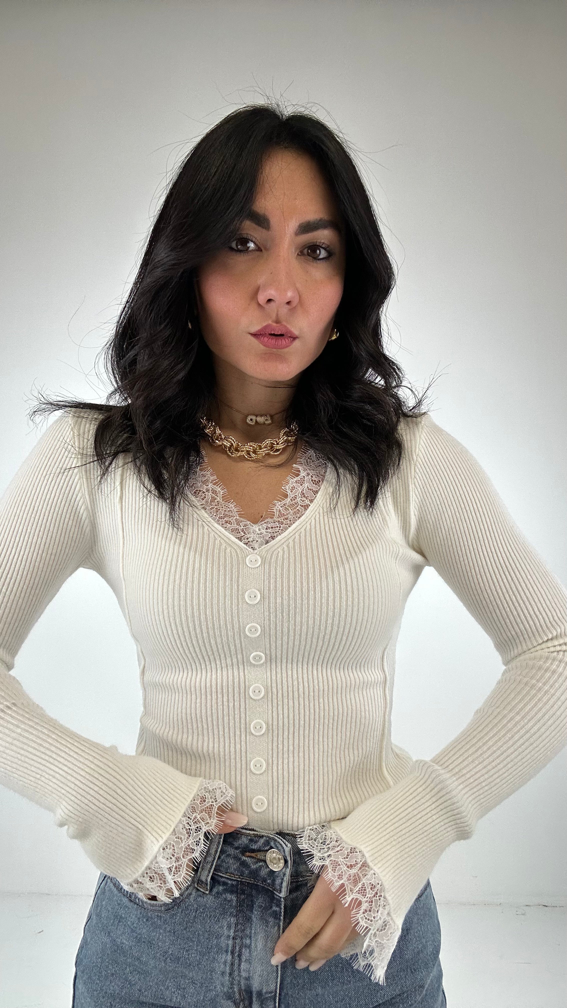 Cardigan BOTTONCINI E PIZZO - BIANCO