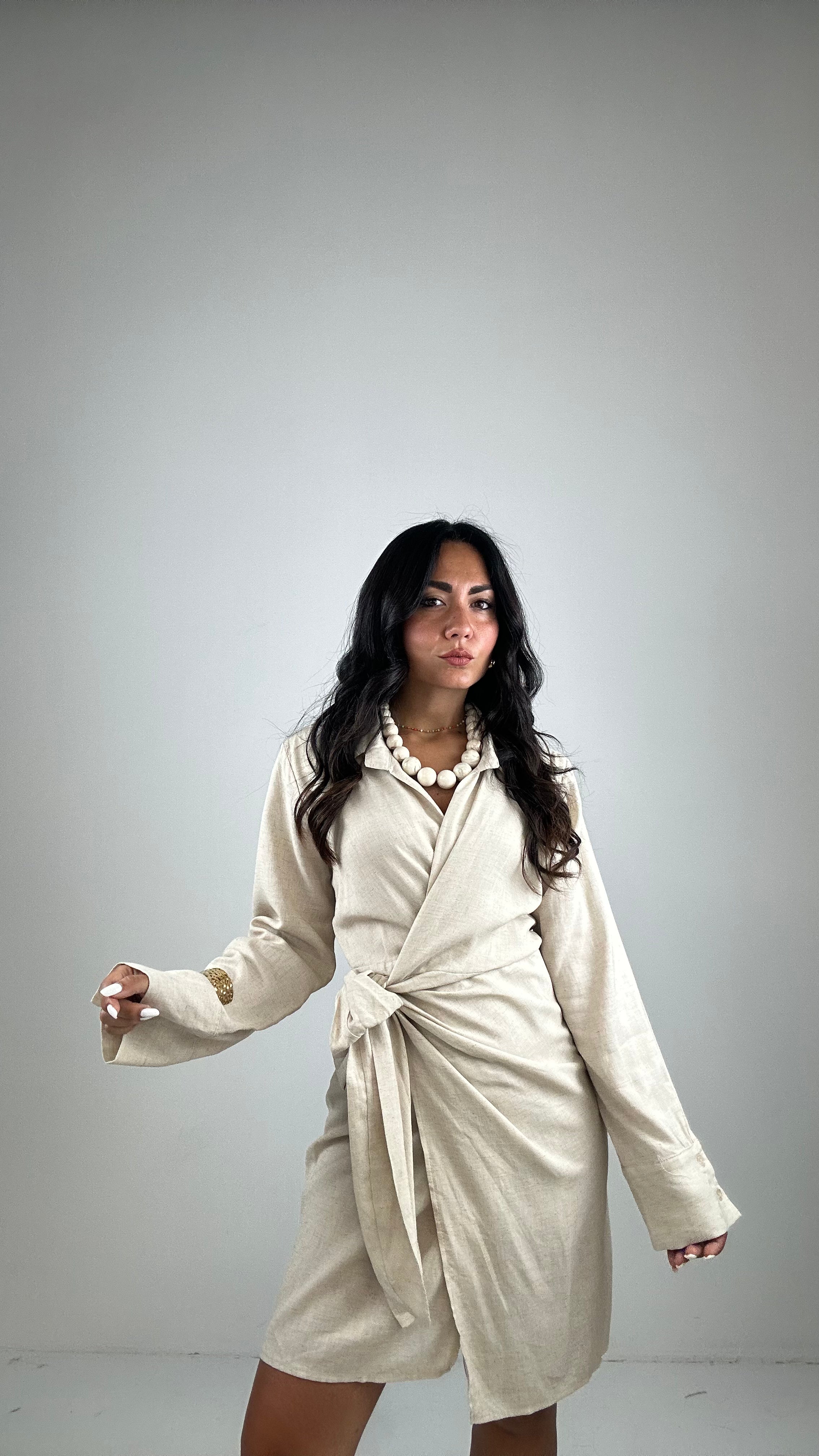 Vestito PORTAFOGLIO 55% LINO - BEIGE