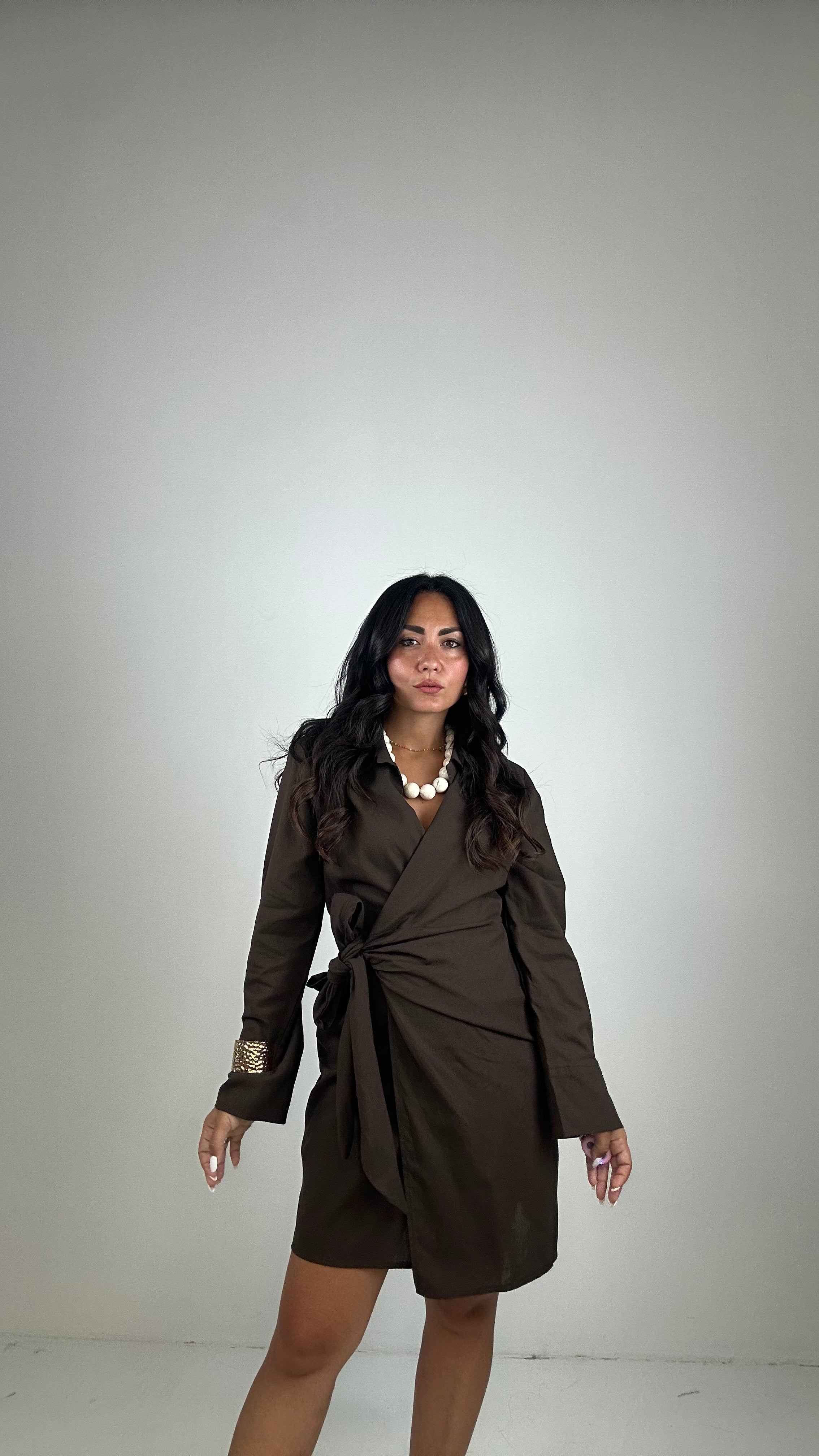 Vestito PORTAFOGLIO 55% LINO - MARRONE