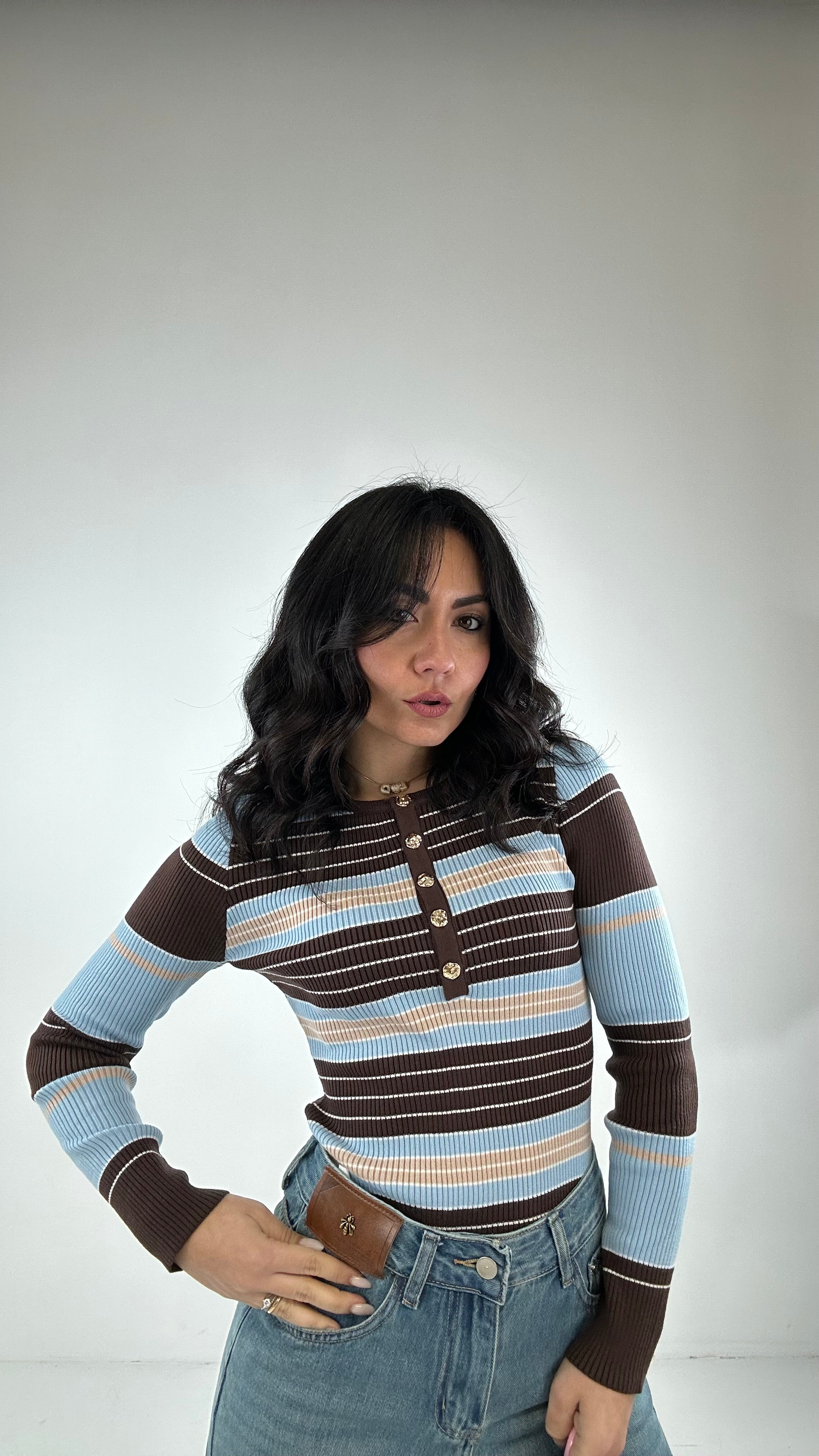 Body IN MAGLIA A RIGHE - MARRONE-CELESTE