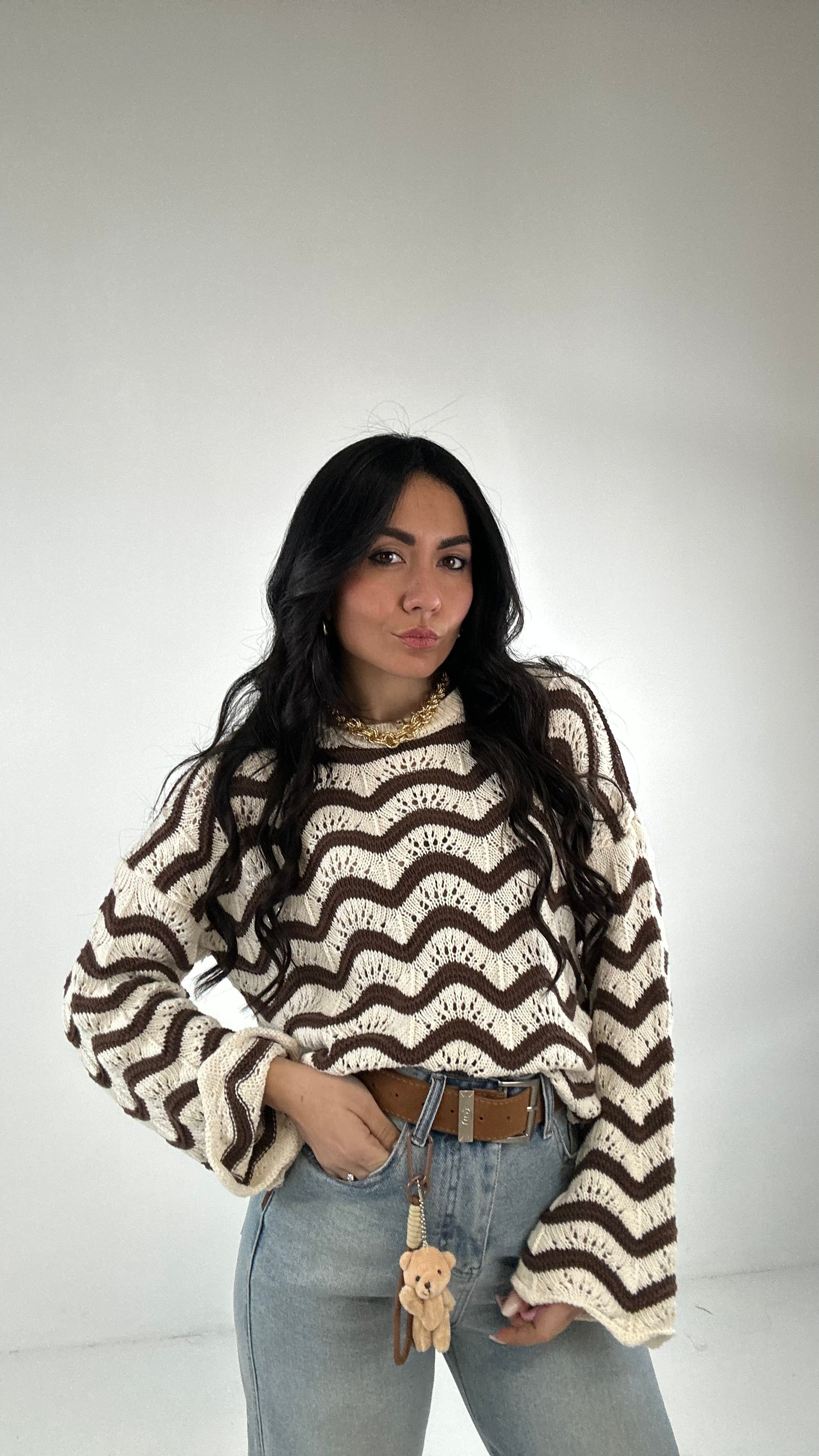 Pull TRAFORATO A RIGHE - MARRONE